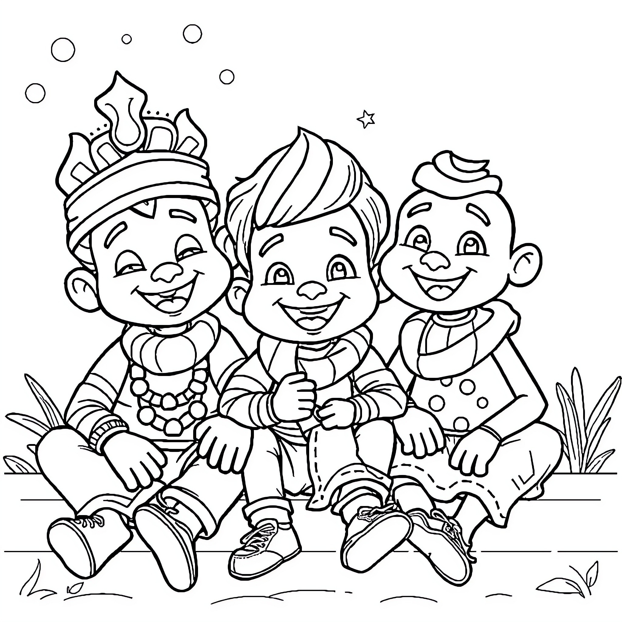 Kunda children playing cheerfully together Coloring Page (free black-and-white line drawing printable PDF for all, from beginners to advanced learners, including children, teens, adults, and seniors)