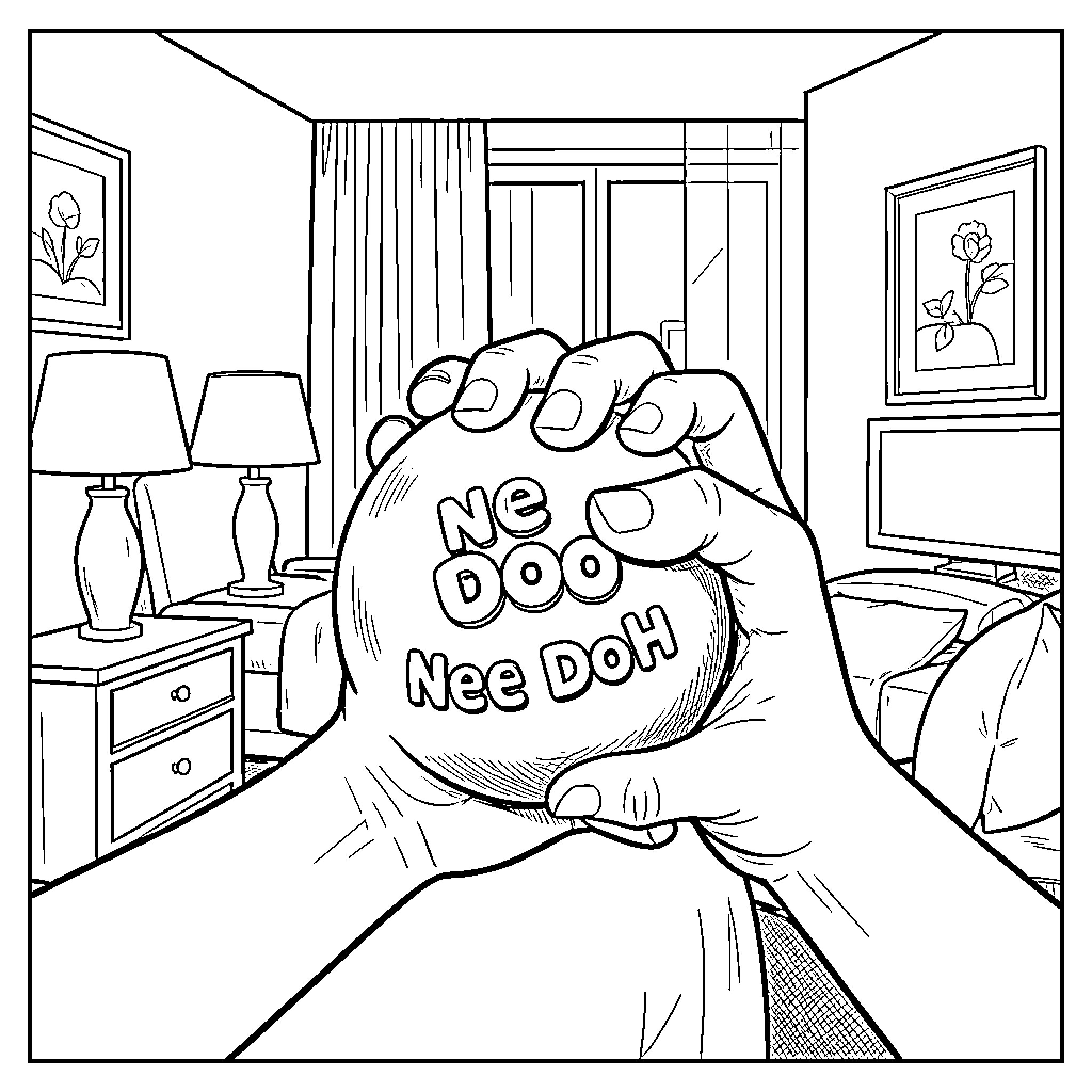 Hands holding a magic eight ball in a bedroom Coloring Page (free black-and-white line drawing printable PDF for all, from beginners to advanced learners, including children, teens, adults, and seniors)