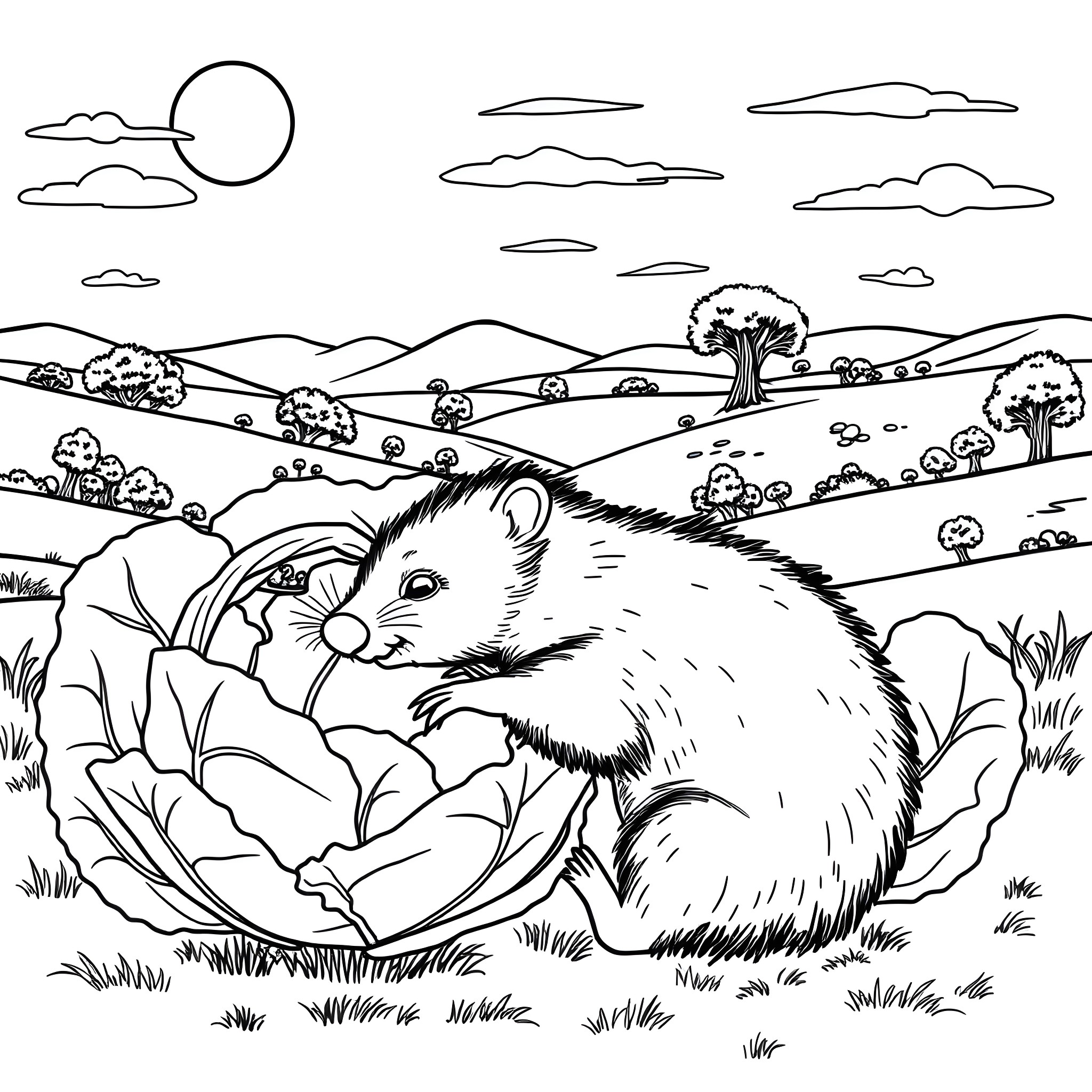 Wombat resting peacefully in the countryside Coloring Page (free black-and-white line drawing printable PDF for all, from beginners to advanced learners, including children, teens, adults, and seniors)