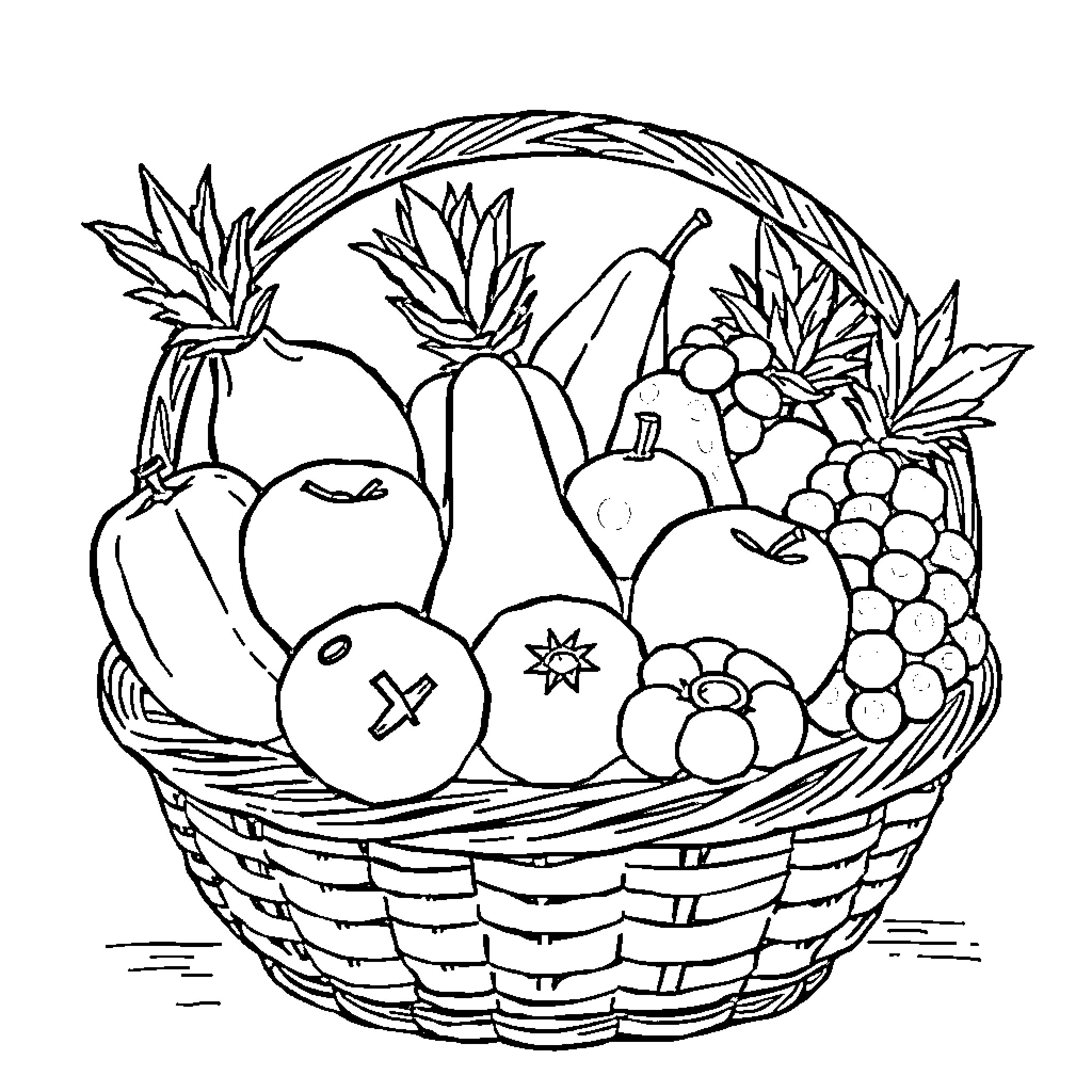 Fruit Basket of Varied Produce Coloring Page (free black-and-white line drawing printable PDF for all, from beginners to advanced learners, including children, teens, adults, and seniors)