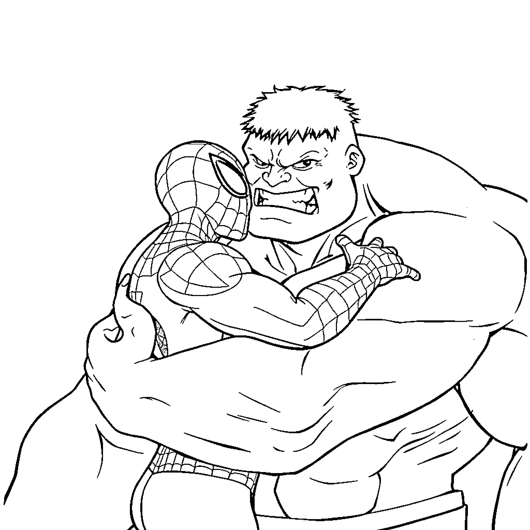 Spiderman facing off against a muscular villain Coloring Page (free black-and-white line drawing printable PDF for all, from beginners to advanced learners, including children, teens, adults, and seniors)