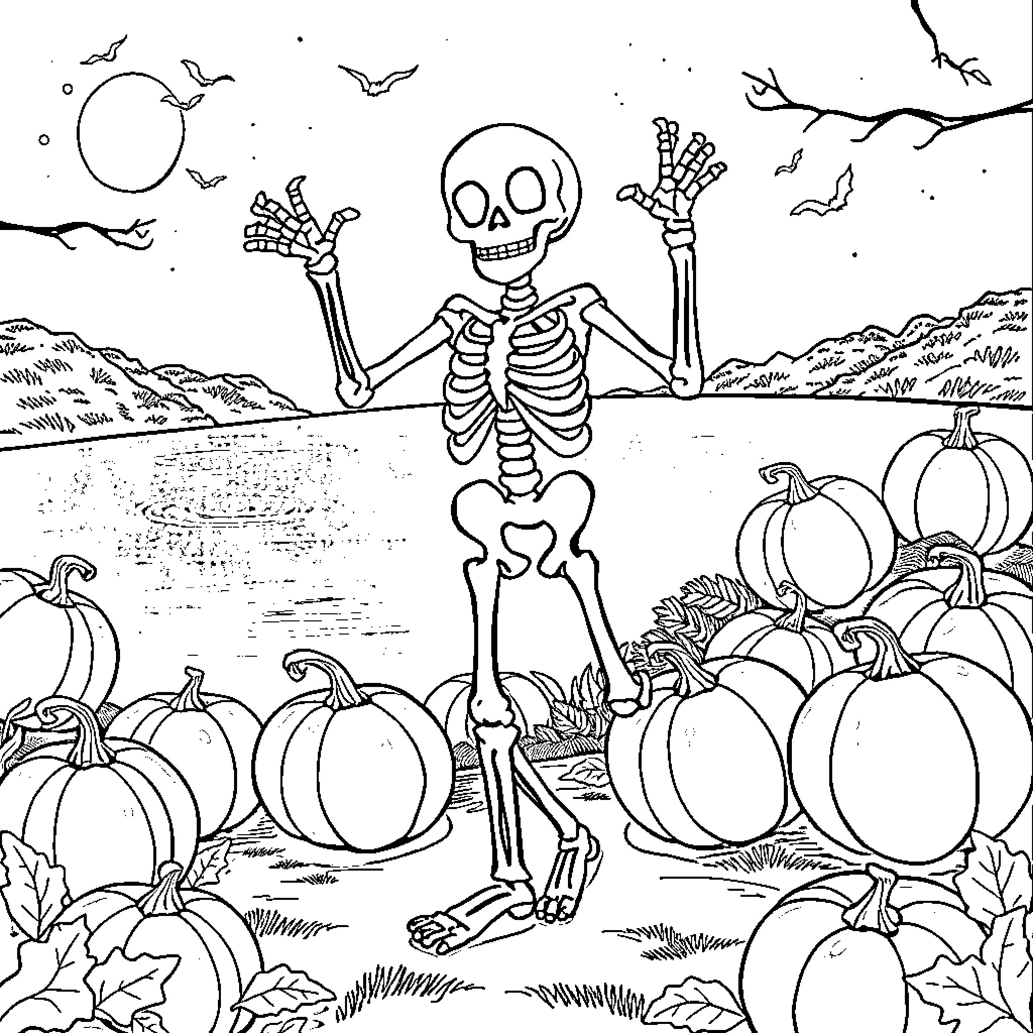 Skeleton dancing joyfully in a pumpkin patch Coloring Page (free black-and-white line drawing printable PDF for all, from beginners to advanced learners, including children, teens, adults, and seniors)