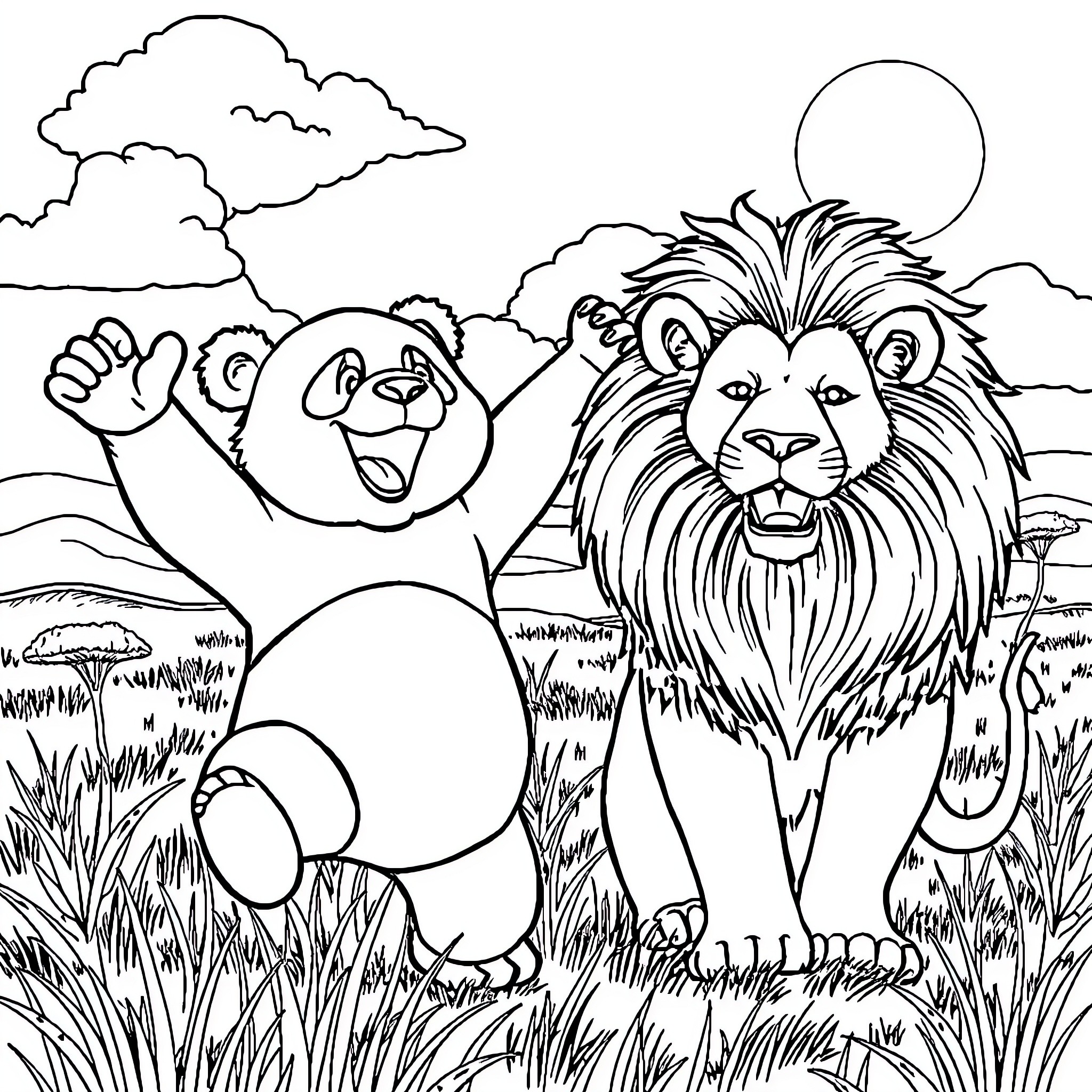 Panda and Lion in Serene Landscape Coloring Page (free black-and-white line drawing printable PDF for all, from beginners to advanced learners, including children, teens, adults, and seniors)