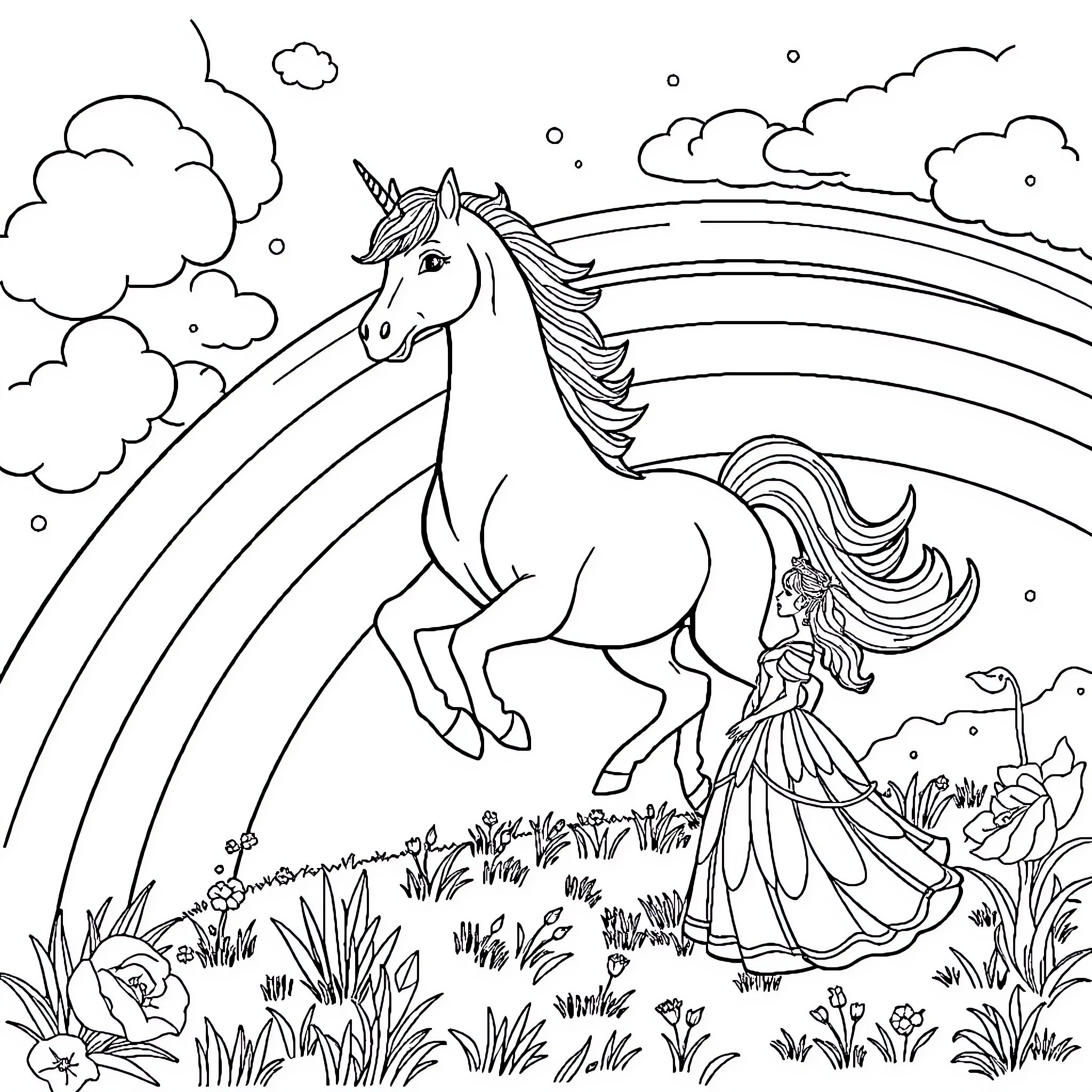 Unicorn galloping through a magical meadow Coloring Page (free black-and-white line drawing printable PDF for all, from beginners to advanced learners, including children, teens, adults, and seniors)