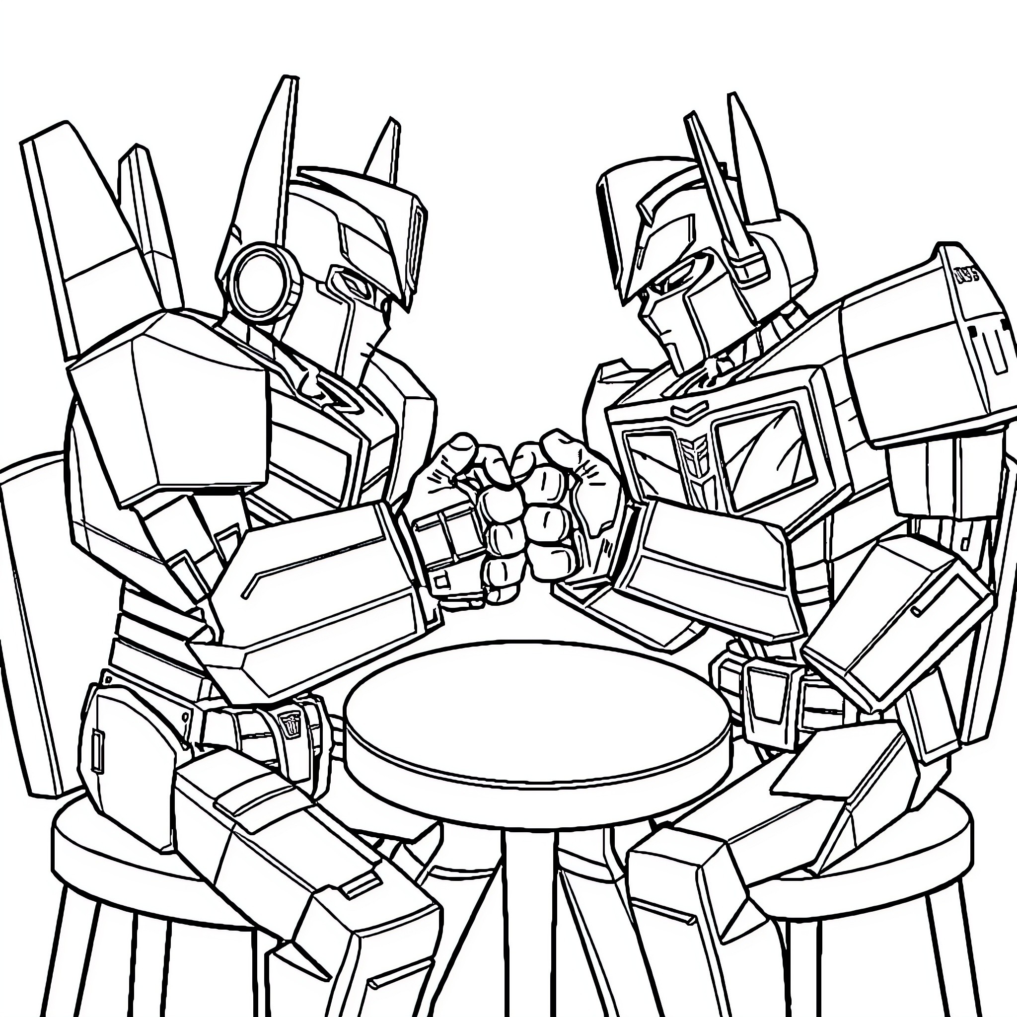 Megatron Robots Engage in Confrontation Coloring Page (free black-and-white line drawing printable PDF for all, from beginners to advanced learners, including children, teens, adults, and seniors)