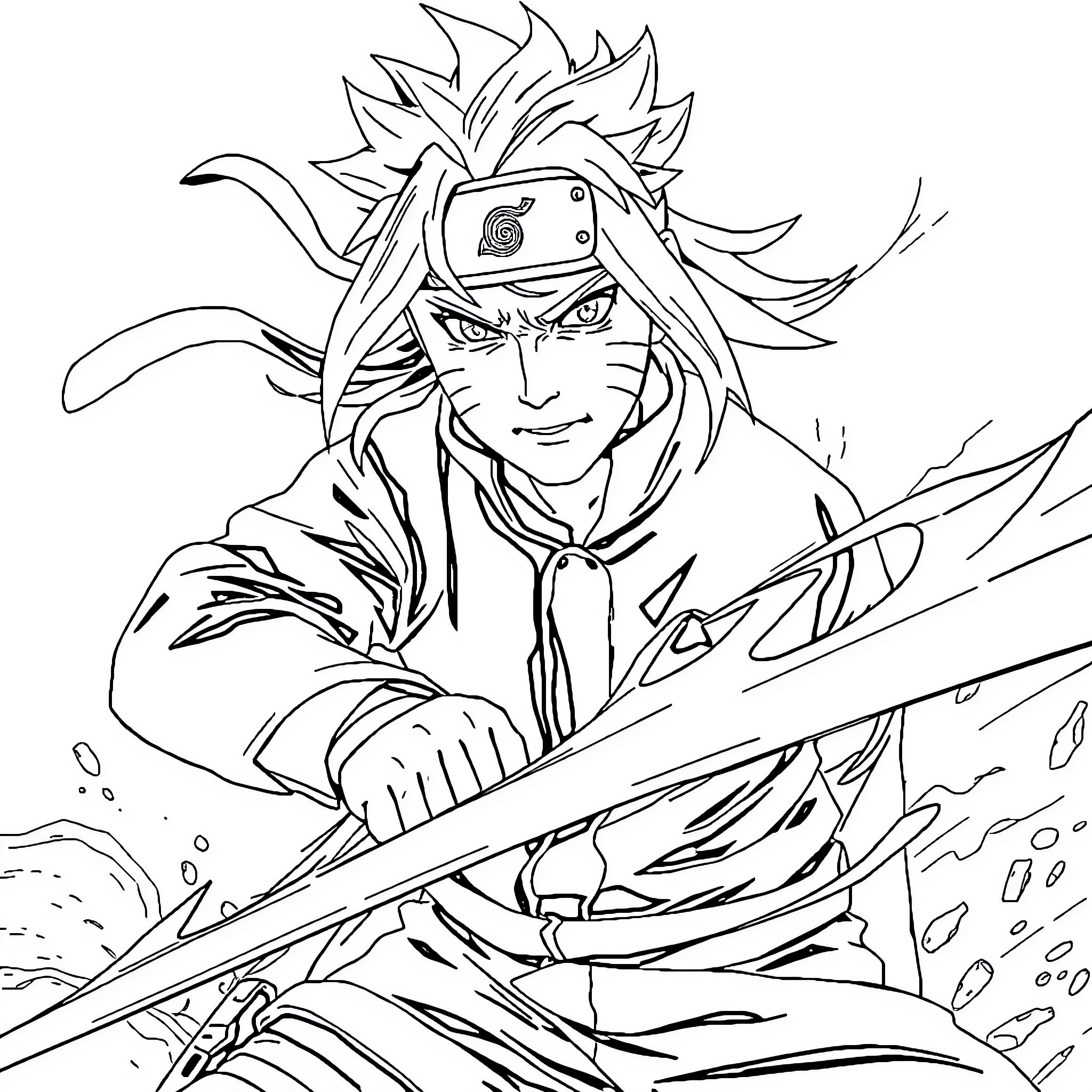 Naruto in fierce battle stance with ninja attire Coloring Page (free black-and-white line drawing printable PDF for all, from beginners to advanced learners, including children, teens, adults, and seniors)