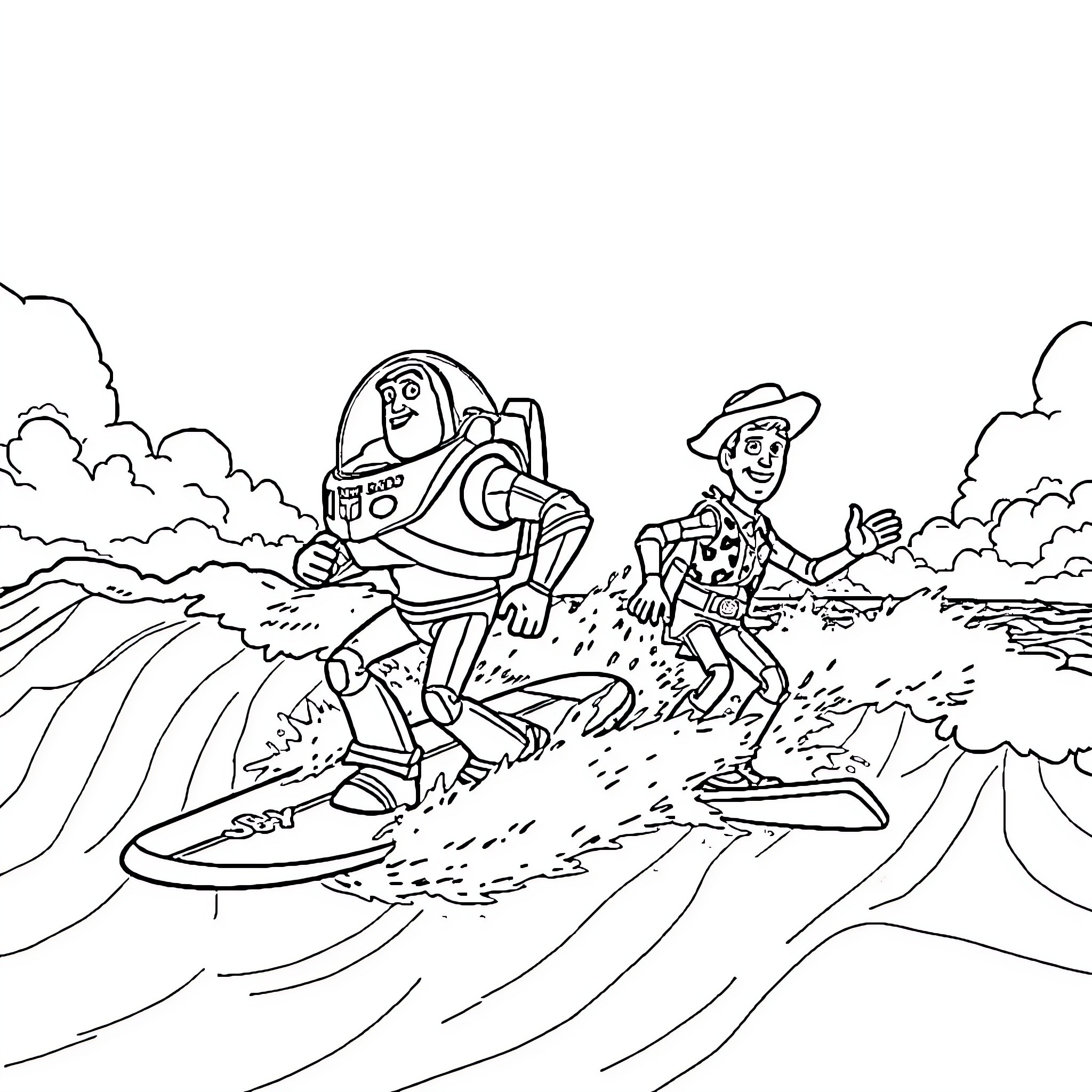 Buzz Lightyear and Woody surfing on waves in the desert Coloring Page (free black-and-white line drawing printable PDF for all, from beginners to advanced learners, including children, teens, adults, and seniors)