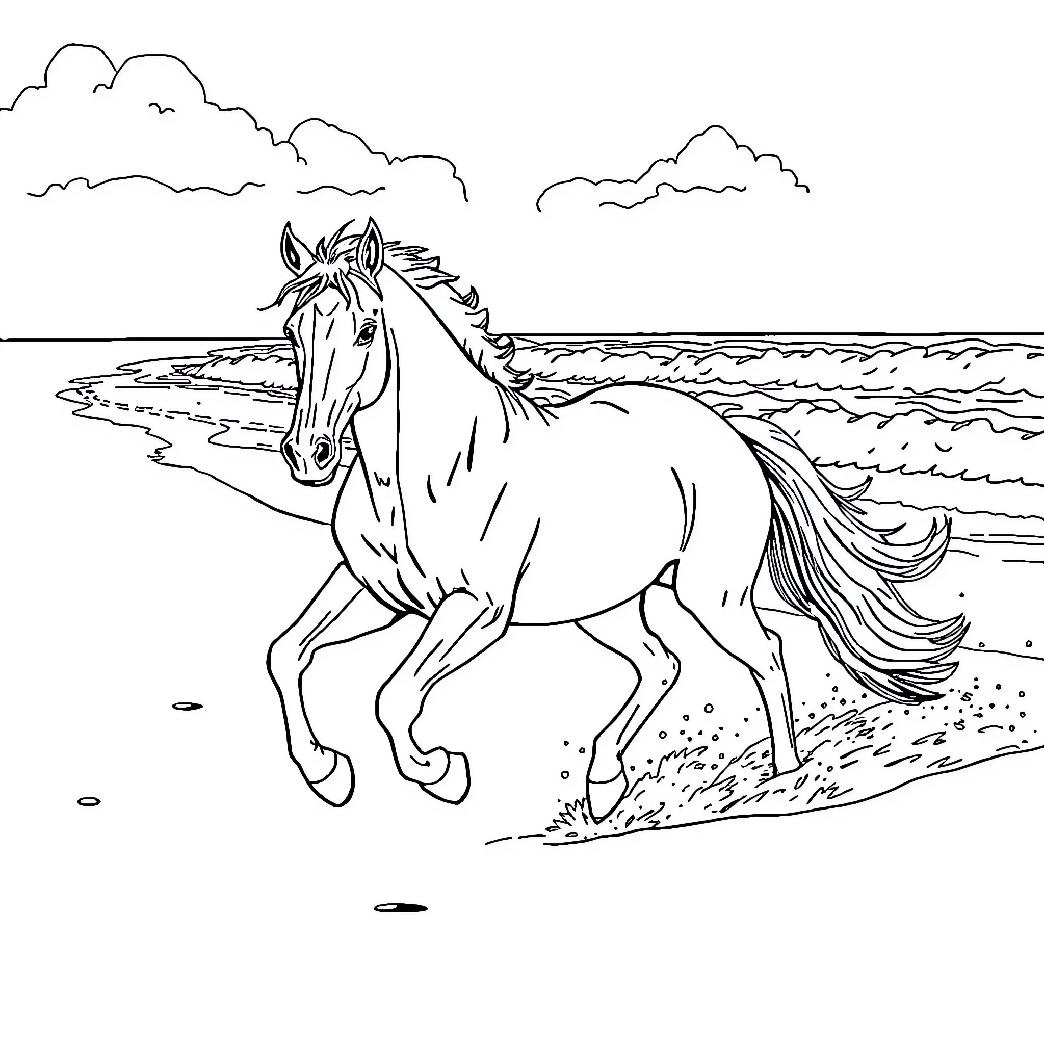 Horse galloping along the beach Coloring Page (free black-and-white line drawing printable PDF for all, from beginners to advanced learners, including children, teens, adults, and seniors)