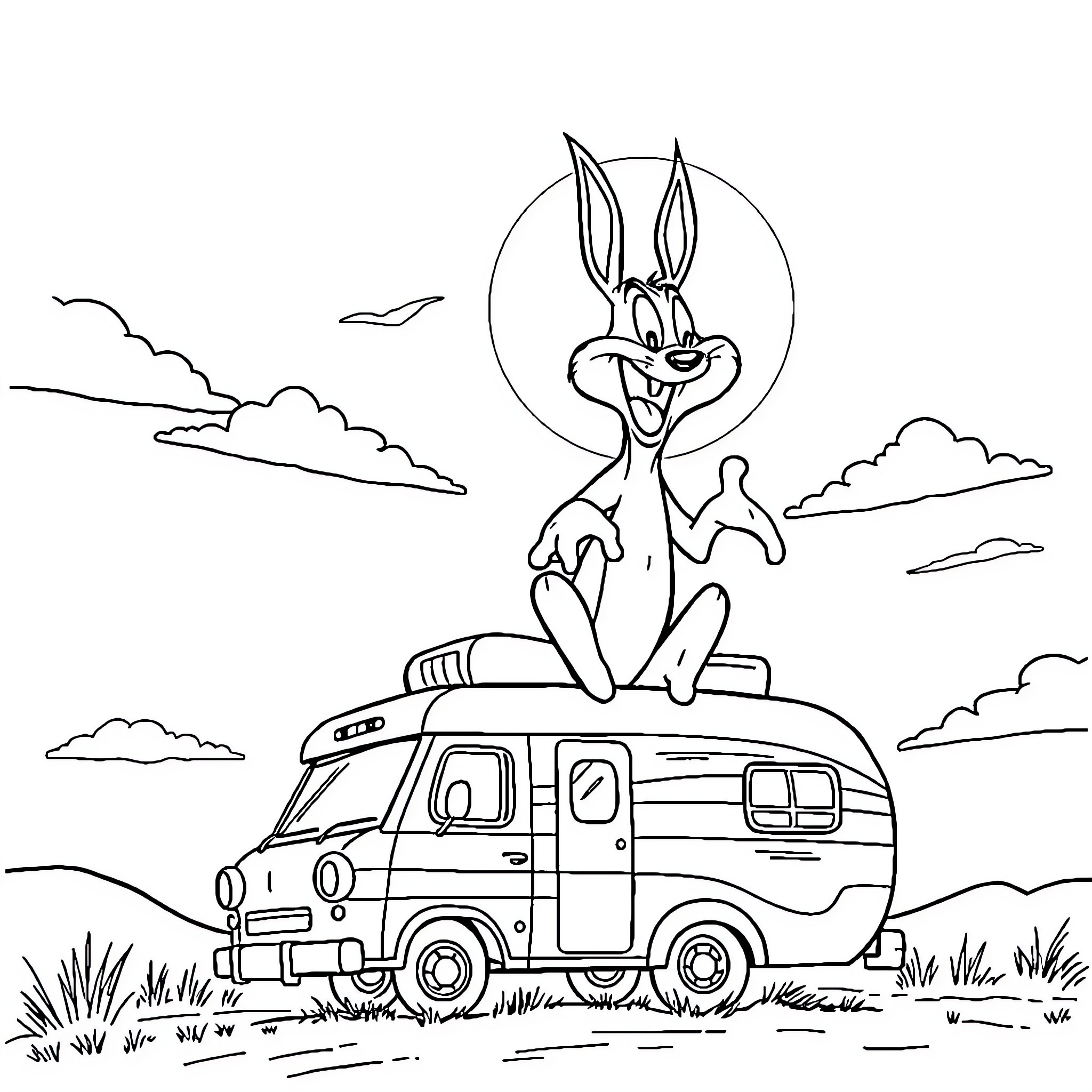 Taz the Tasmanian Devil enjoying a road trip in a camper van Coloring Page (free black-and-white line drawing printable PDF for all, from beginners to advanced learners, including children, teens, adults, and seniors)