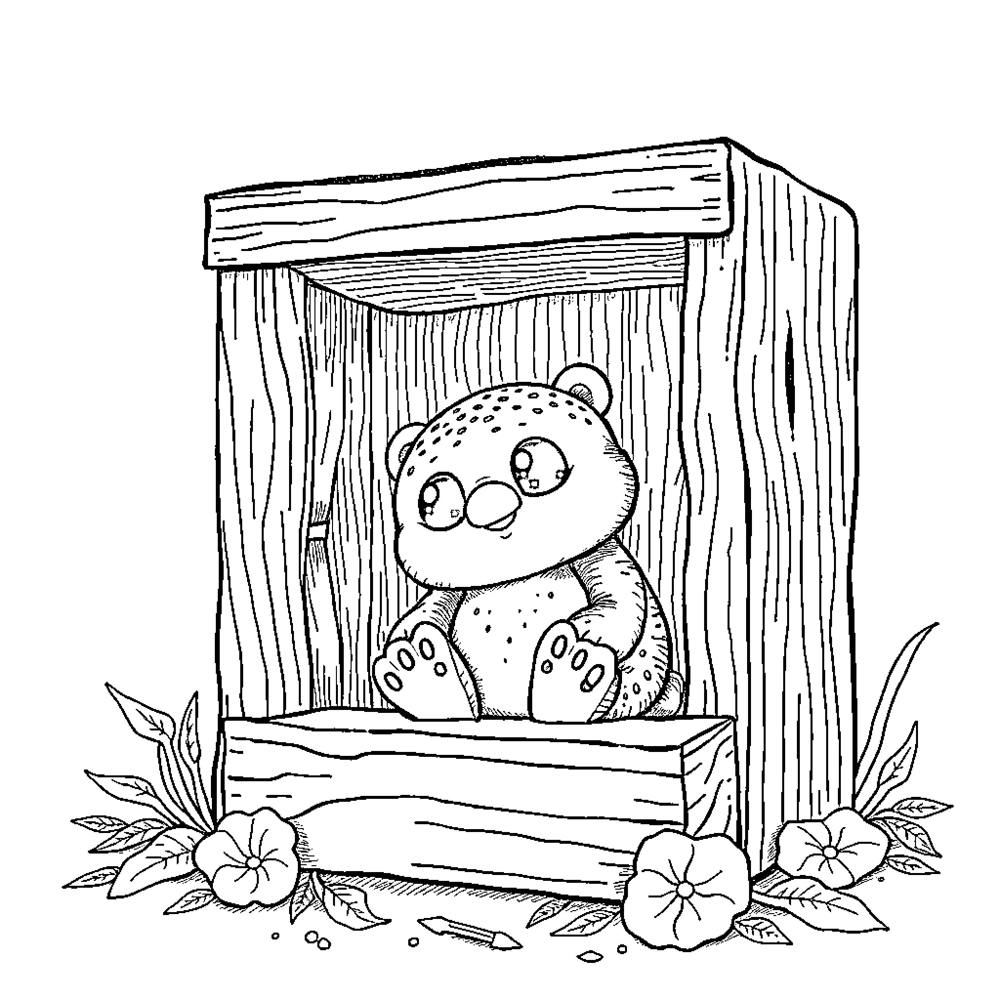 Caja of a Curious Stuffed Animal in Floral Scene Coloring Page (free black-and-white line drawing printable PDF for all, from beginners to advanced learners, including children, teens, adults, and seniors)