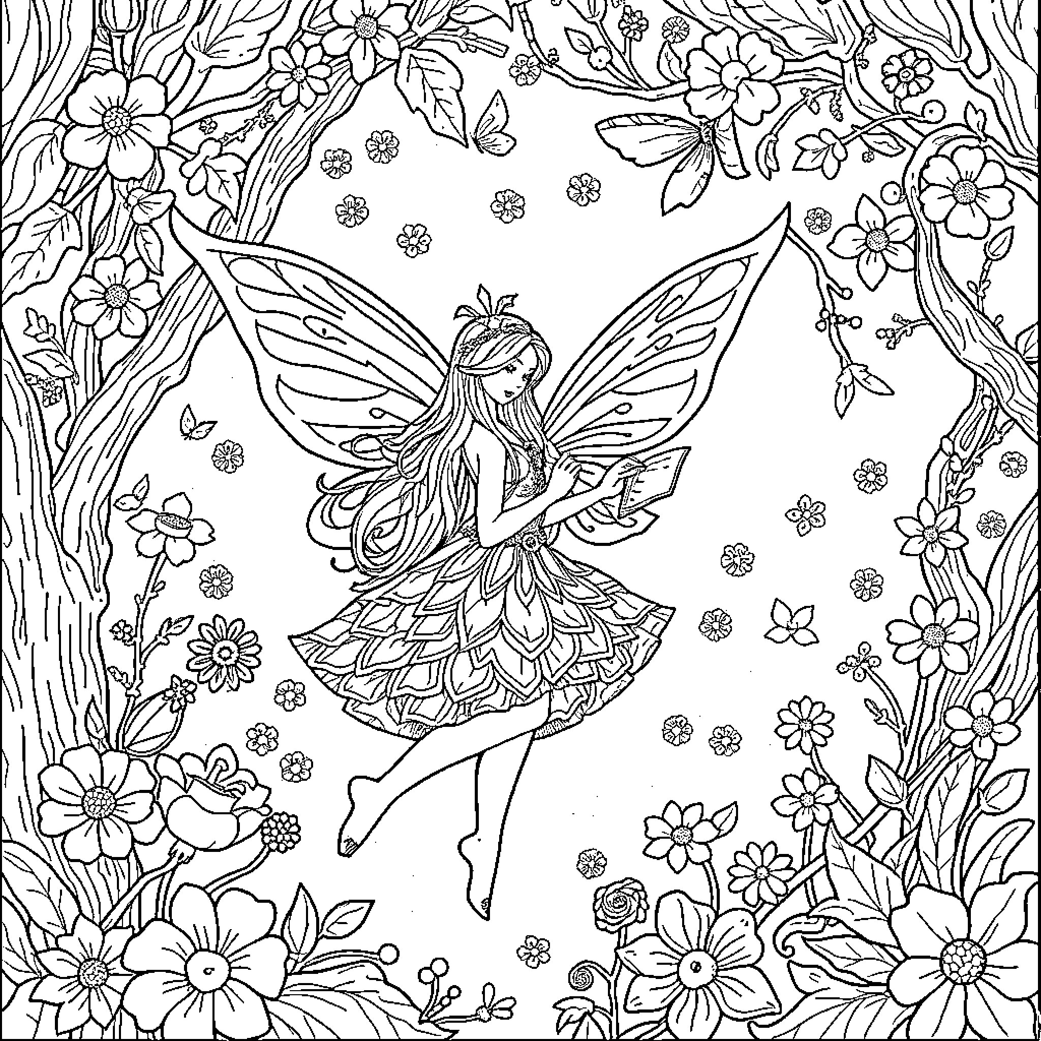 Fairy Dancing Amidst Enchanted Floral Scenery Coloring Page (free black-and-white line drawing printable PDF for all, from beginners to advanced learners, including children, teens, adults, and seniors)