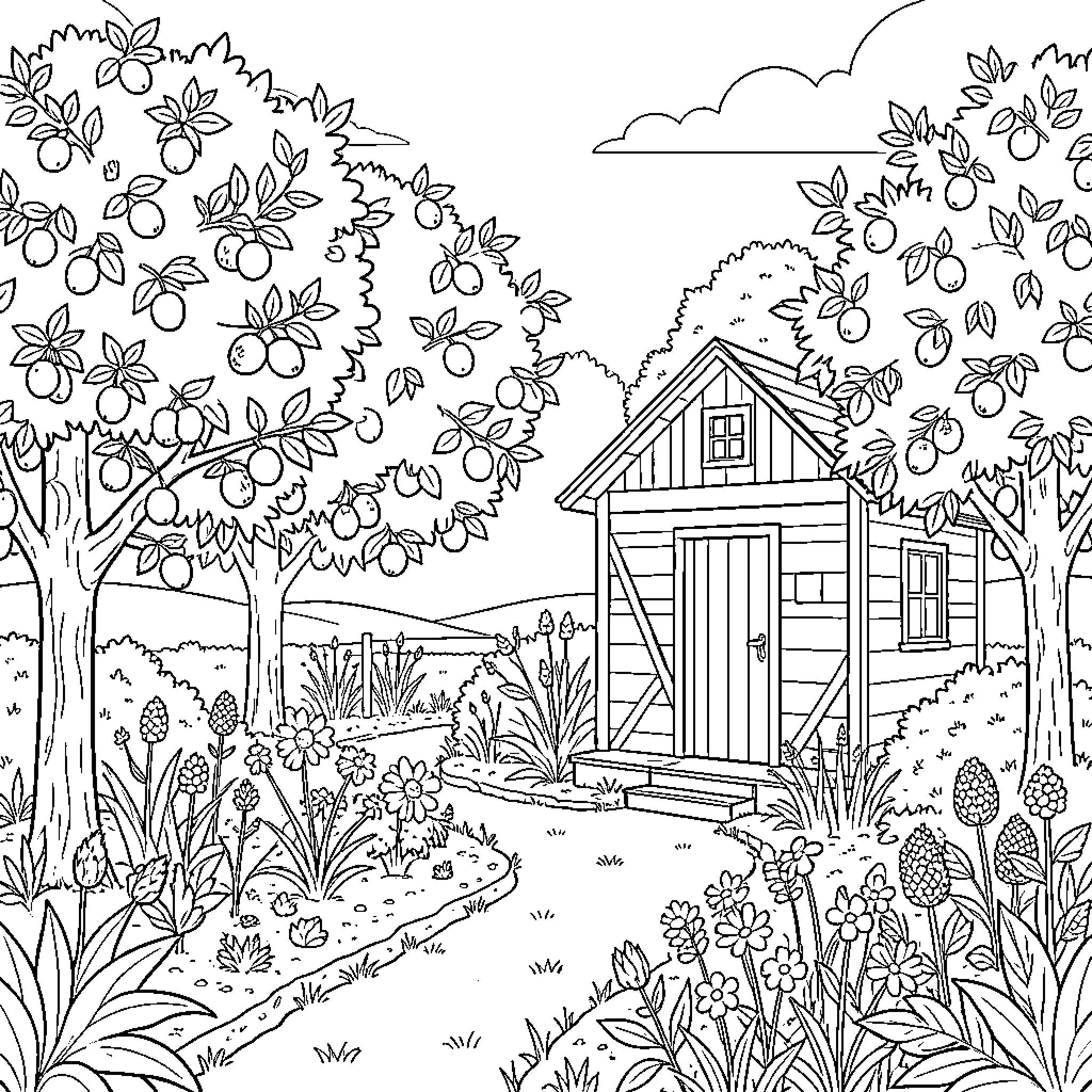 Garden scene featuring a small shed and fruit trees Coloring Page (free black-and-white line drawing printable PDF for all, from beginners to advanced learners, including children, teens, adults, and seniors)