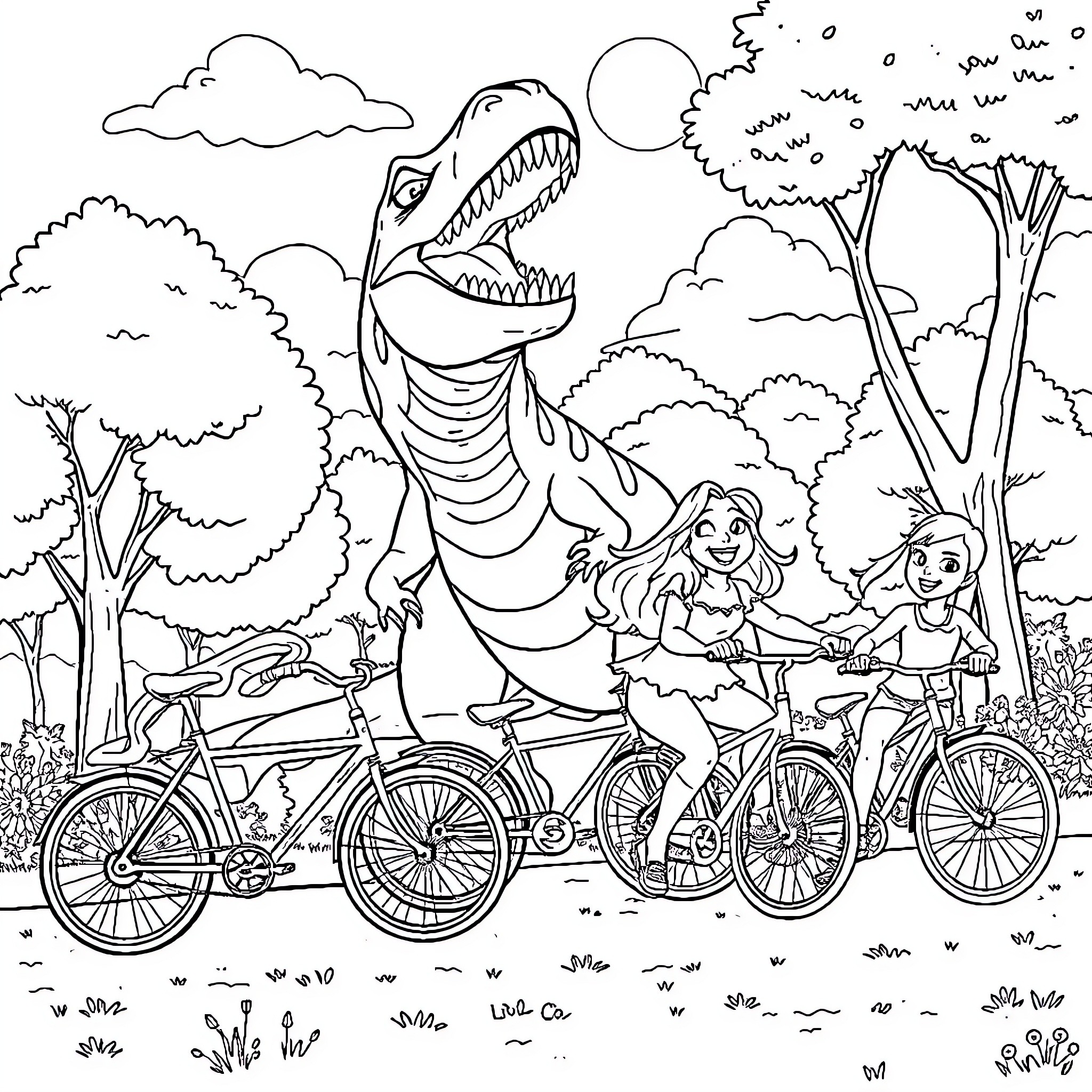 Bicycle ride through the prehistoric park Coloring Page (free black-and-white line drawing printable PDF for all, from beginners to advanced learners, including children, teens, adults, and seniors)