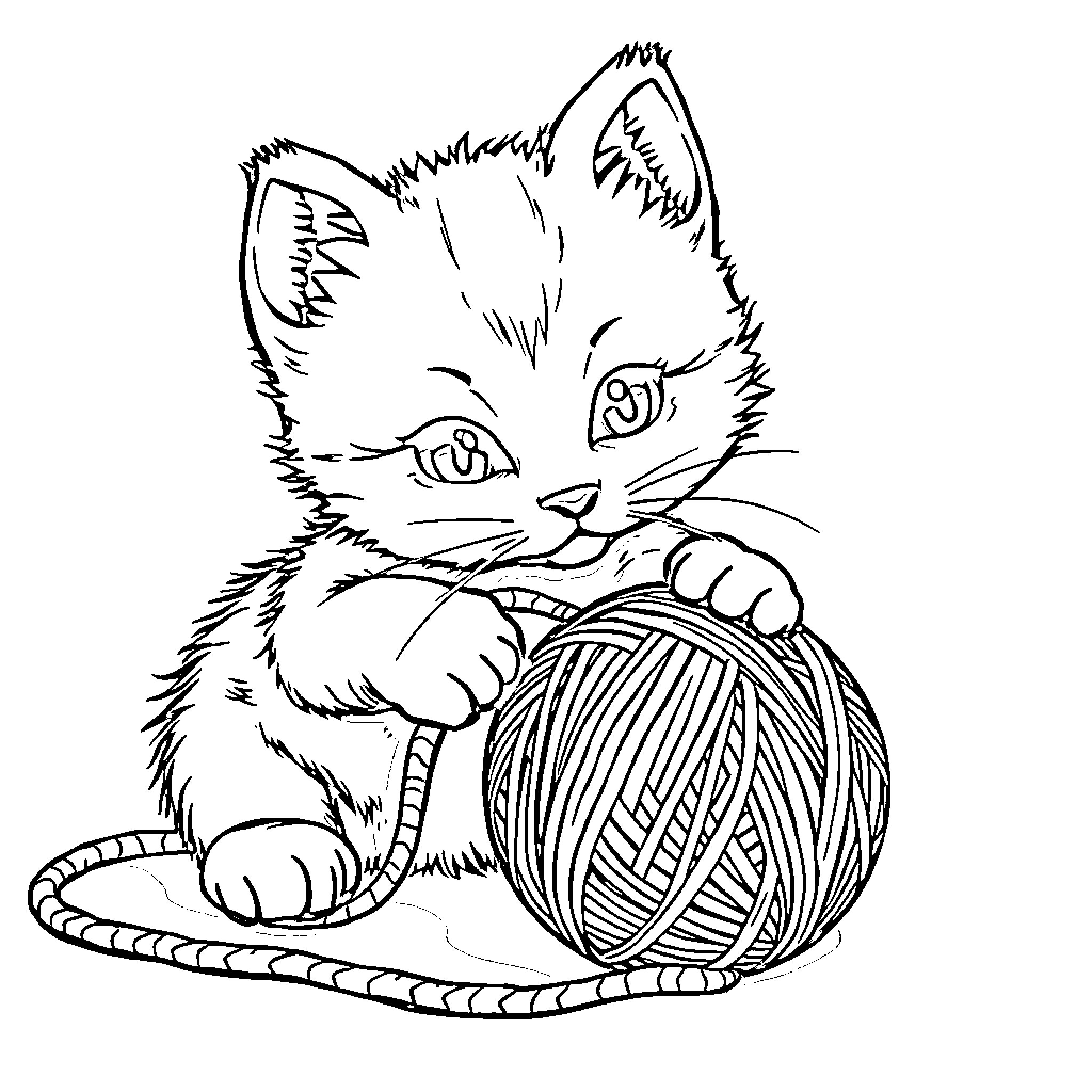 Cat playing with yarn ball Coloring Page (free black-and-white line drawing printable PDF for all, from beginners to advanced learners, including children, teens, adults, and seniors)