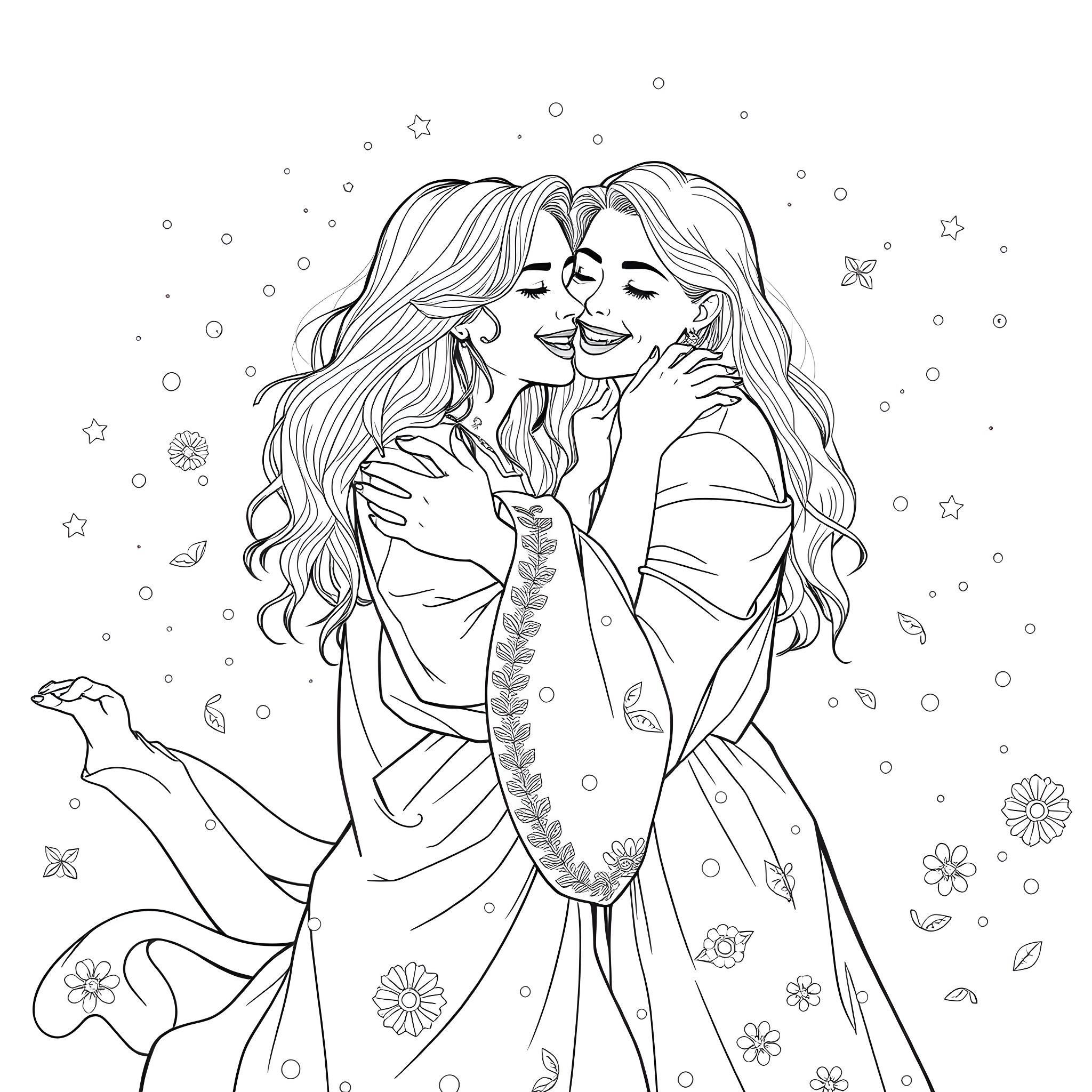 Lesbian Lovers Embracing Tenderly in Floral Scene Coloring Page (free black-and-white line drawing printable PDF for all, from beginners to advanced learners, including children, teens, adults, and seniors)