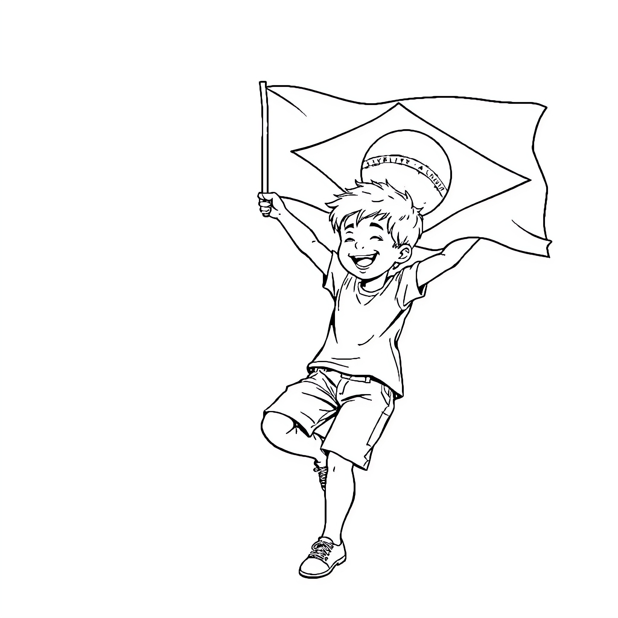 Boy happily waving Brazilian flag Coloring Page (free black-and-white line drawing printable PDF for all, from beginners to advanced learners, including children, teens, adults, and seniors)