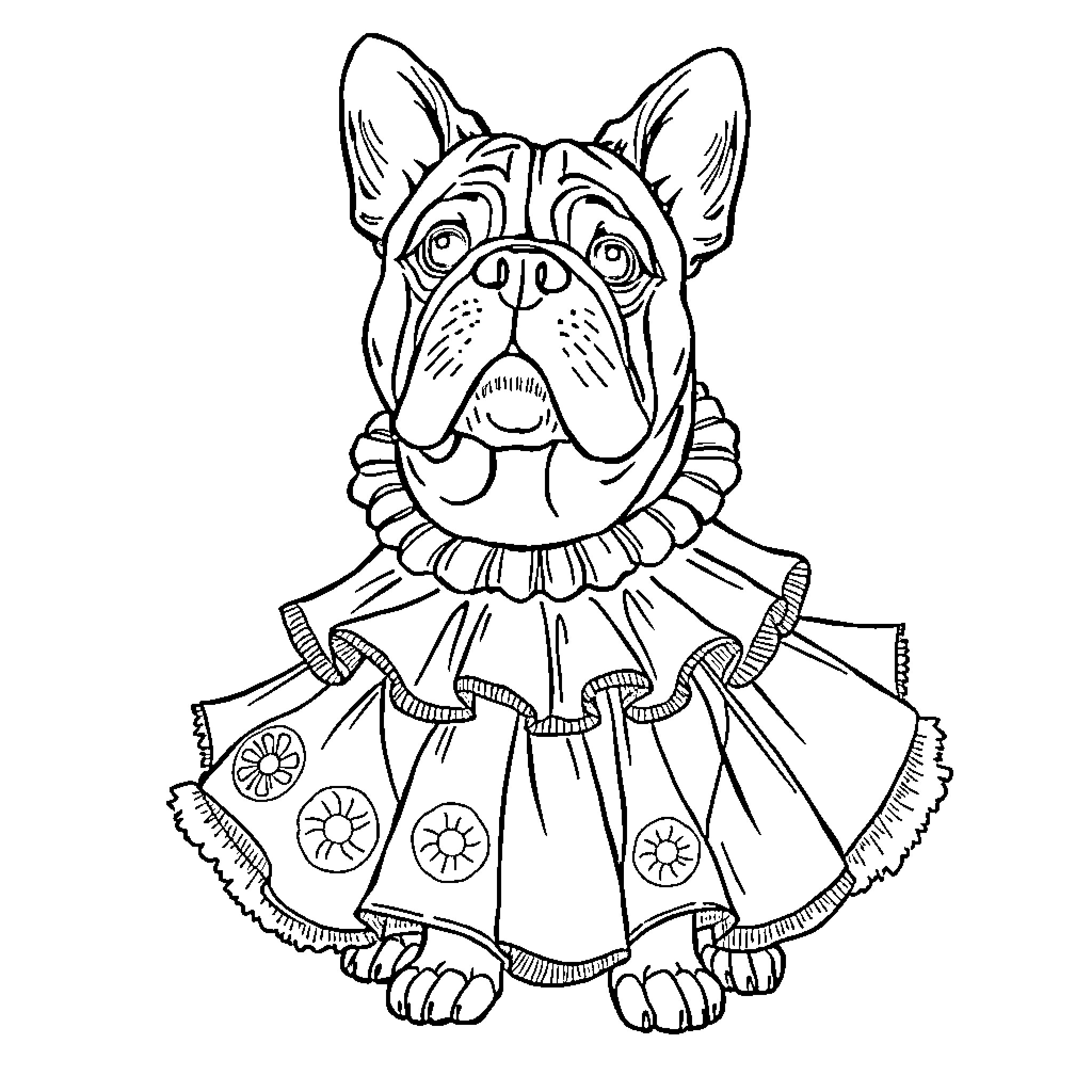 Dog wearing a floral dress Coloring Page (free black-and-white line drawing printable PDF for all, from beginners to advanced learners, including children, teens, adults, and seniors)