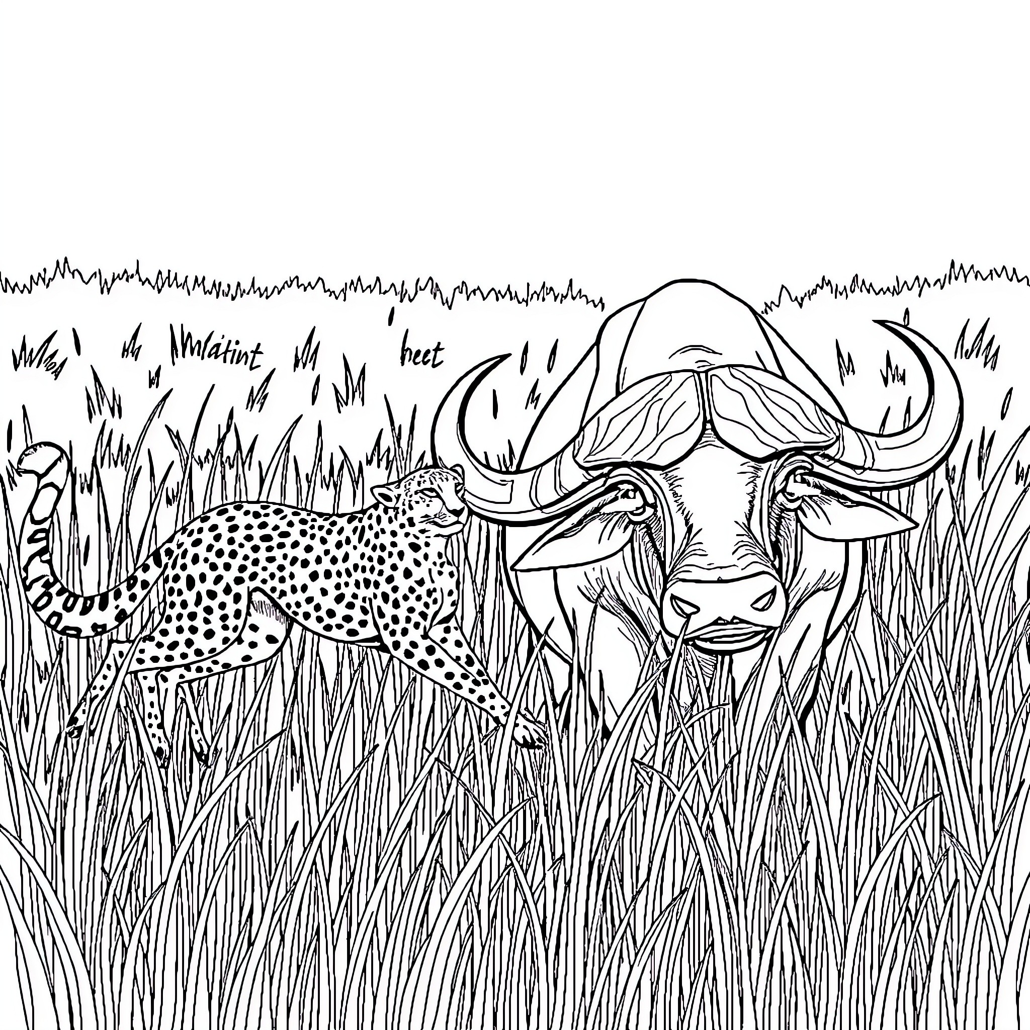 Cheetah stalking through the tall grass Coloring Page (free black-and-white line drawing printable PDF for all, from beginners to advanced learners, including children, teens, adults, and seniors)