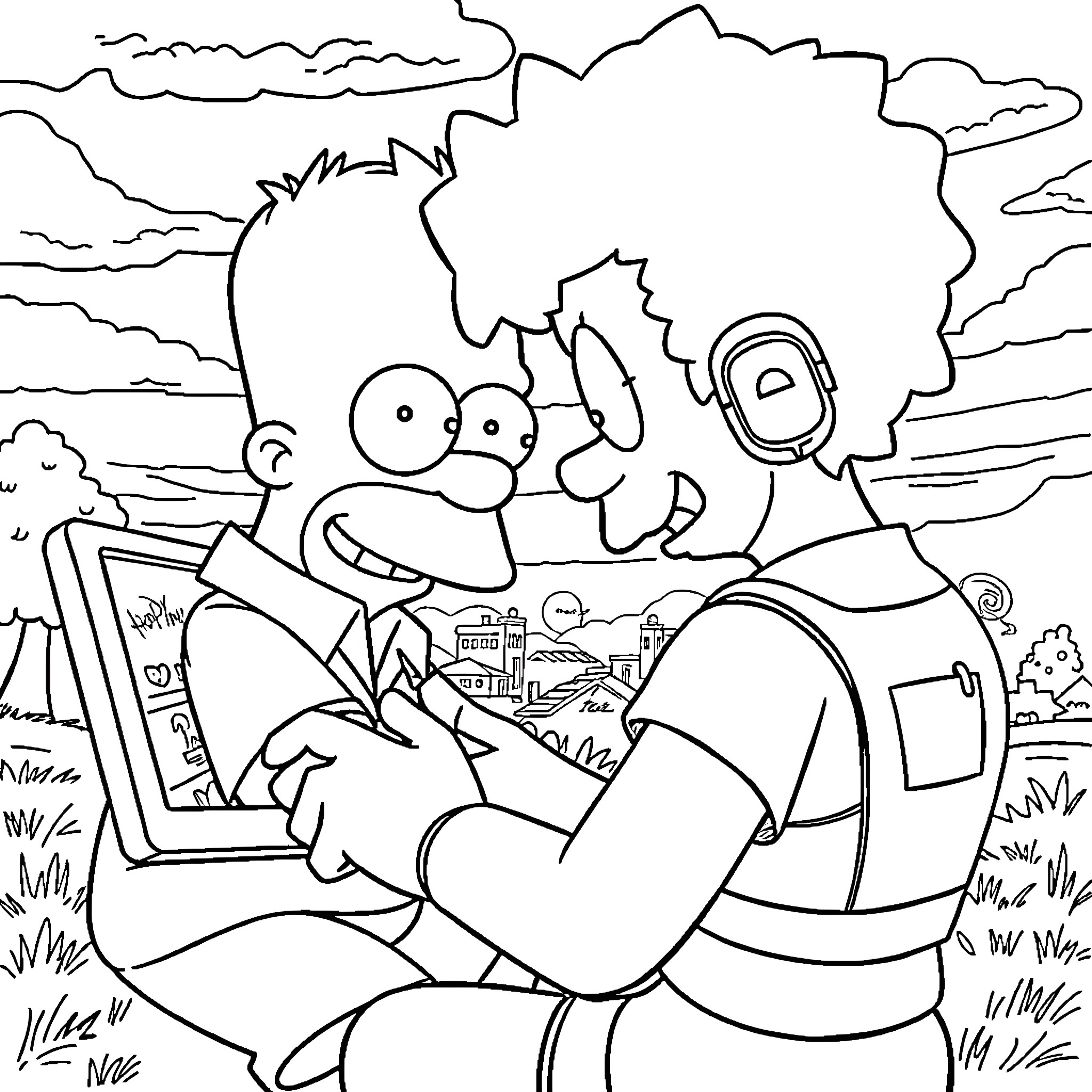 Simpson family in quirky outdoor scene Coloring Page (free black-and-white line drawing printable PDF for all, from beginners to advanced learners, including children, teens, adults, and seniors)