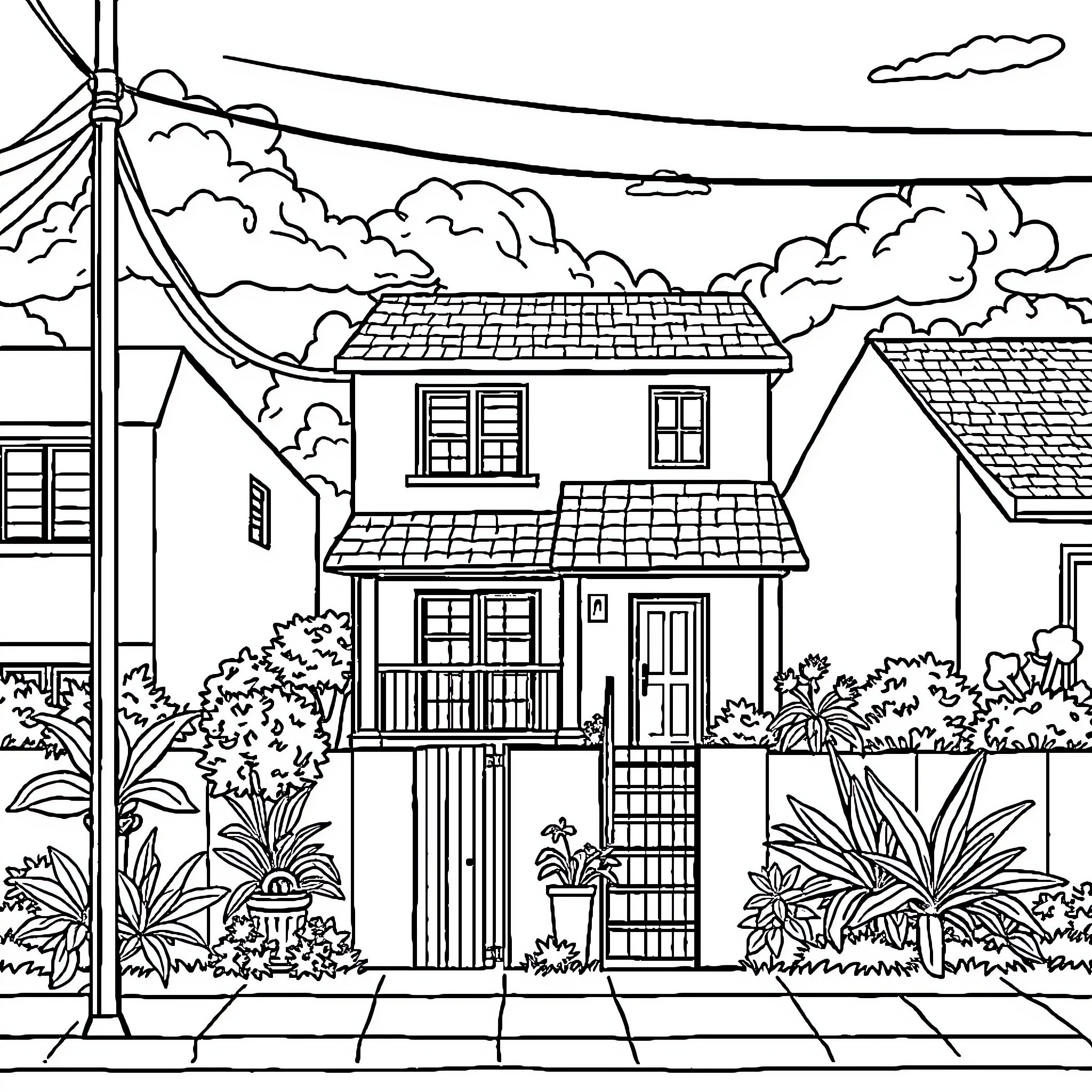 House in a Peaceful Suburban Neighborhood Coloring Page (free black-and-white line drawing printable PDF for all, from beginners to advanced learners, including children, teens, adults, and seniors)