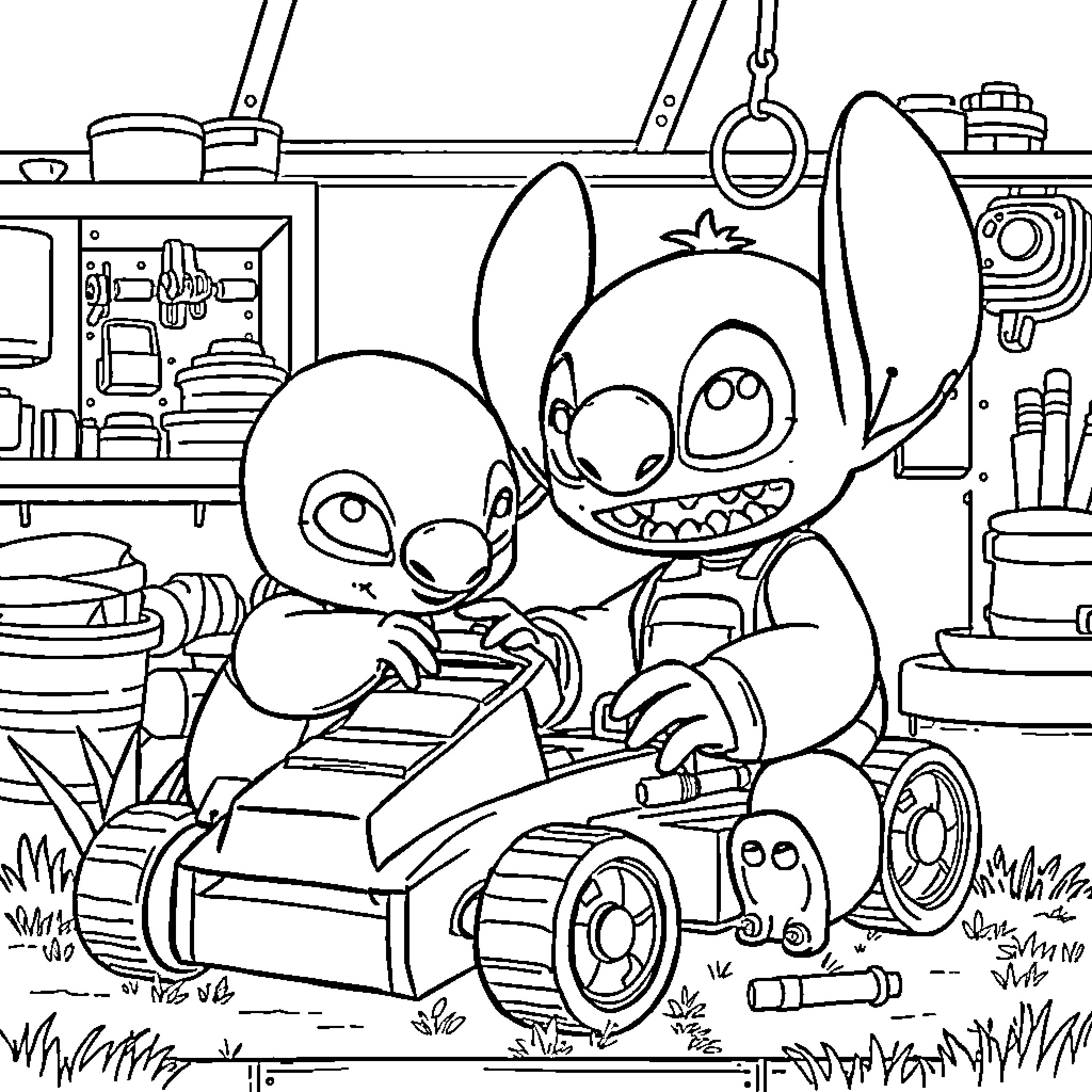 Stitch operating a remote controlled car Coloring Page (free black-and-white line drawing printable PDF for all, from beginners to advanced learners, including children, teens, adults, and seniors)