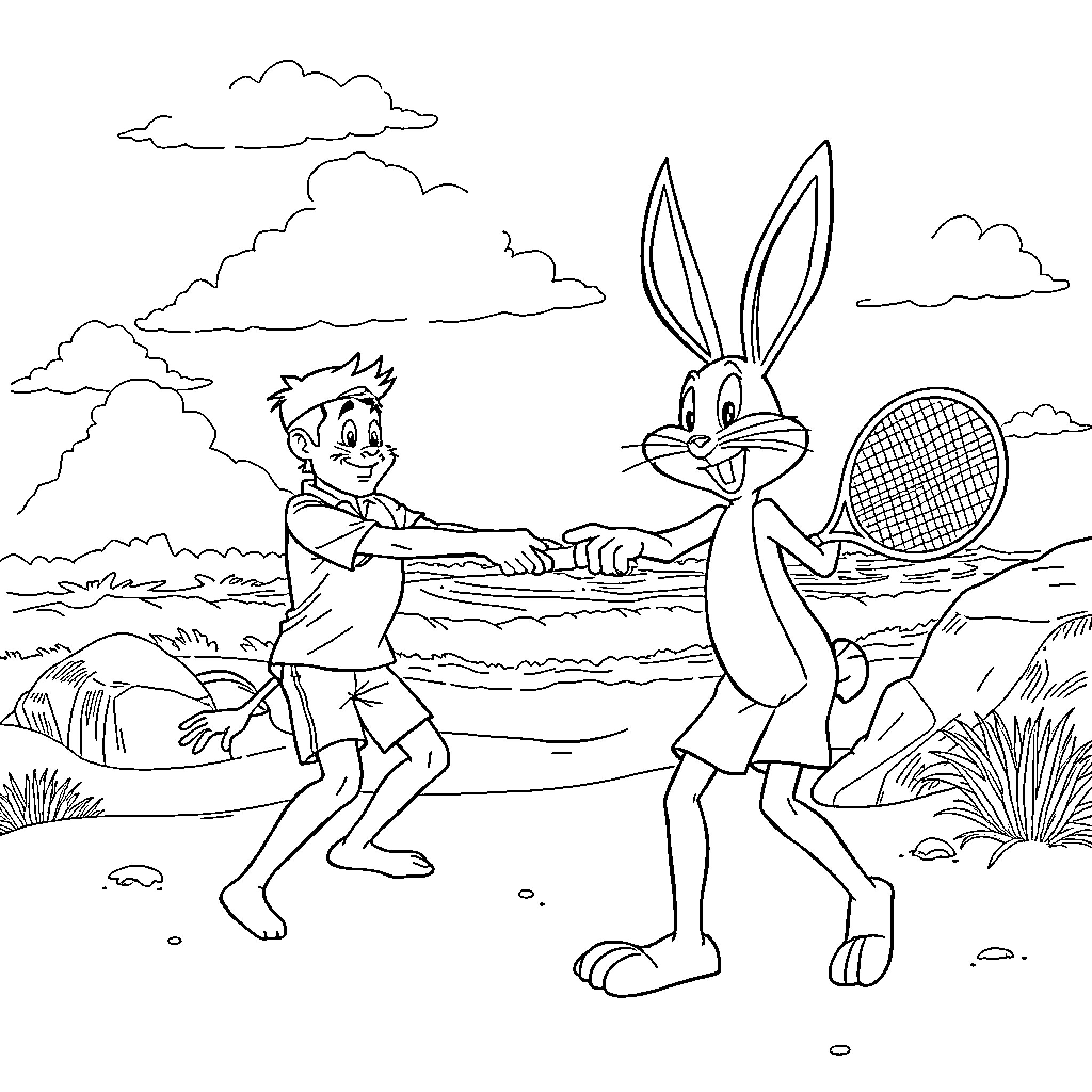 Roger Federer and Bugs Bunny playing tennis in nature Coloring Page (free black-and-white line drawing printable PDF for all, from beginners to advanced learners, including children, teens, adults, and seniors)