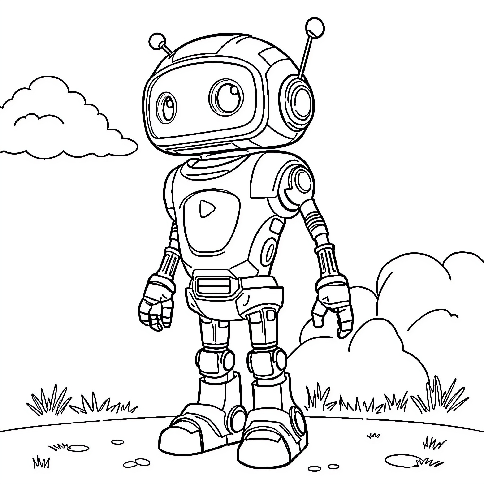 Robot standing in a grassy field Coloring Page (free black-and-white line drawing printable PDF for all, from beginners to advanced learners, including children, teens, adults, and seniors)