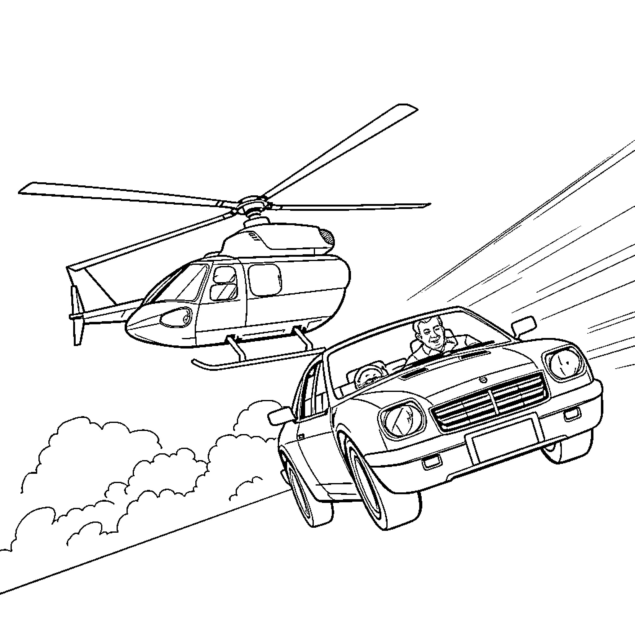 Helicopter chasing a speeding car on the road Coloring Page (free black-and-white line drawing printable PDF for all, from beginners to advanced learners, including children, teens, adults, and seniors)