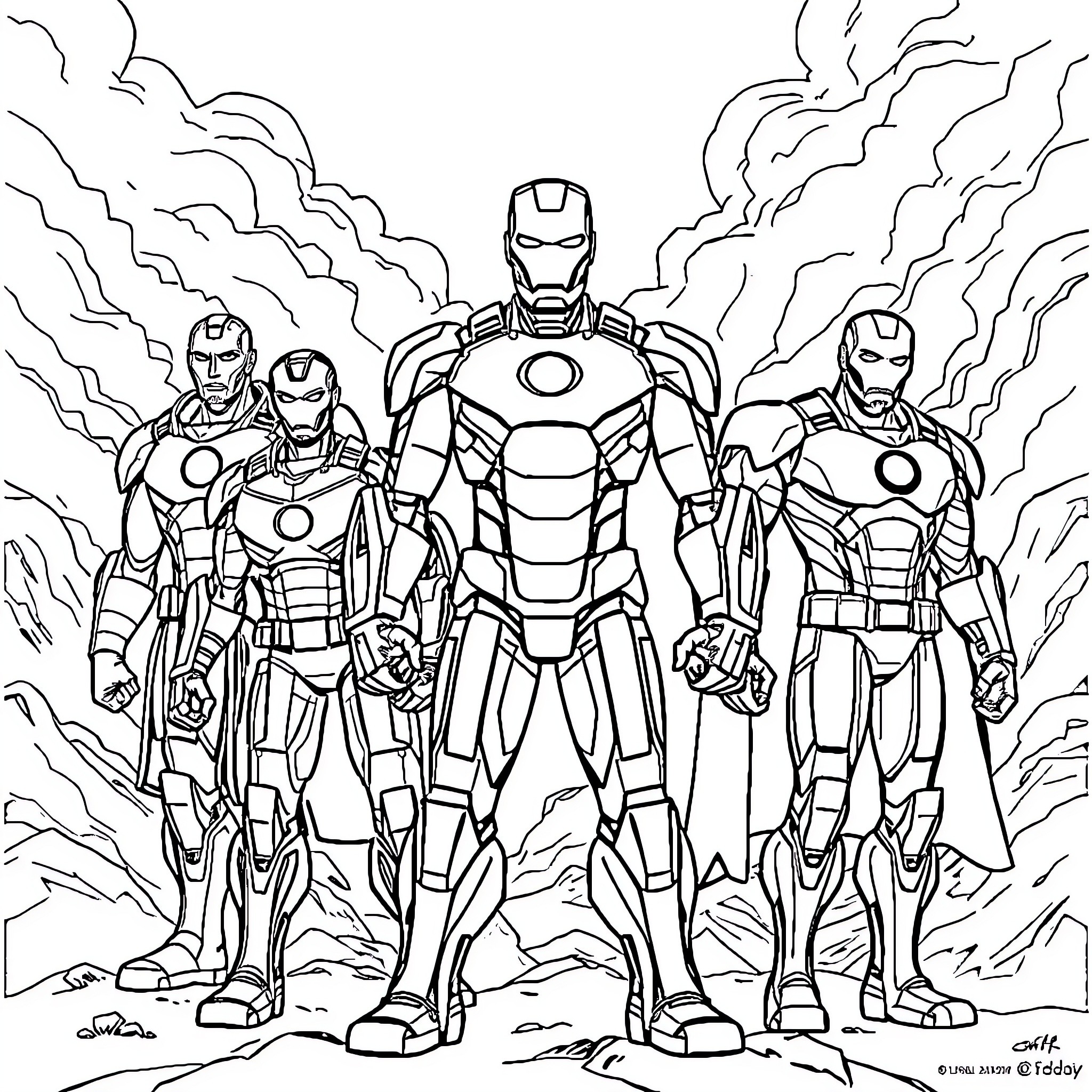 Iron Man and his team of armored heroes in action Coloring Page (free black-and-white line drawing printable PDF for all, from beginners to advanced learners, including children, teens, adults, and seniors)
