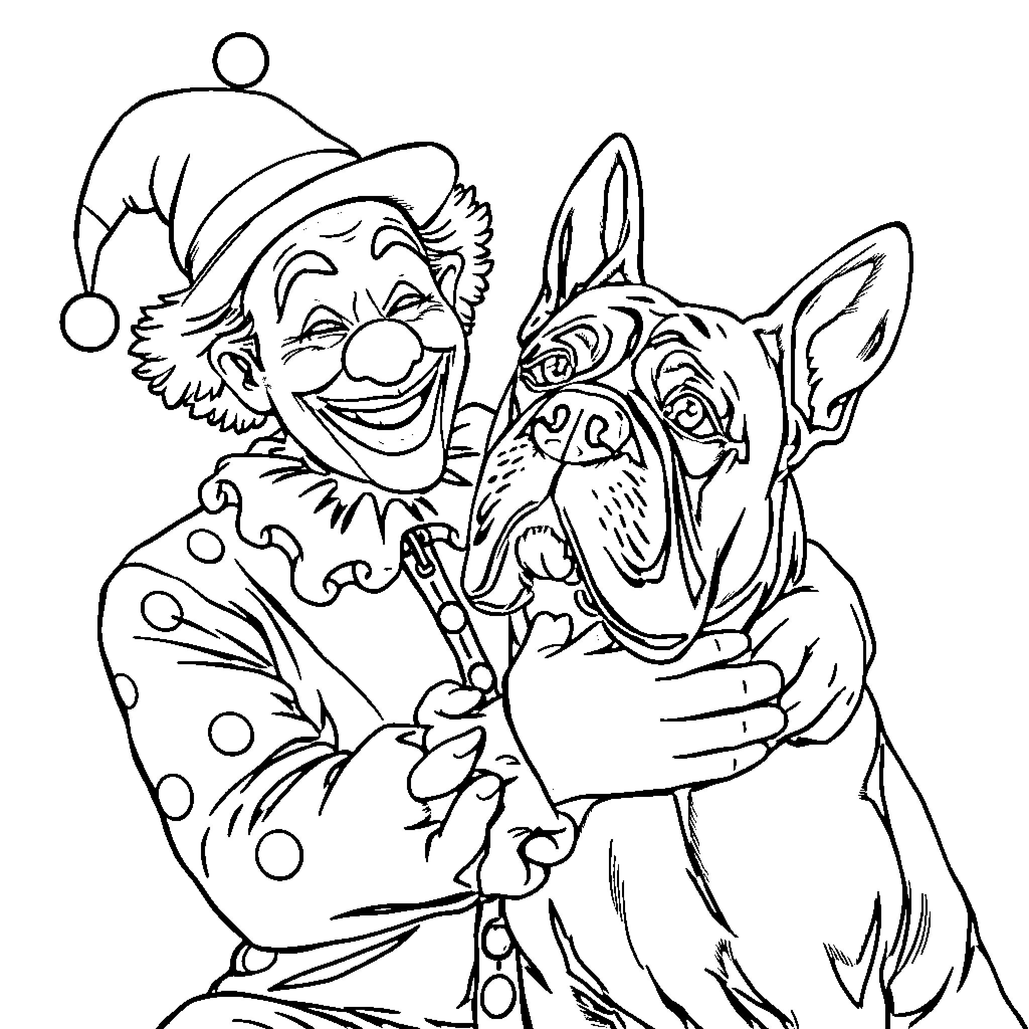 Clown embracing happy dog in costume Coloring Page (free black-and-white line drawing printable PDF for all, from beginners to advanced learners, including children, teens, adults, and seniors)