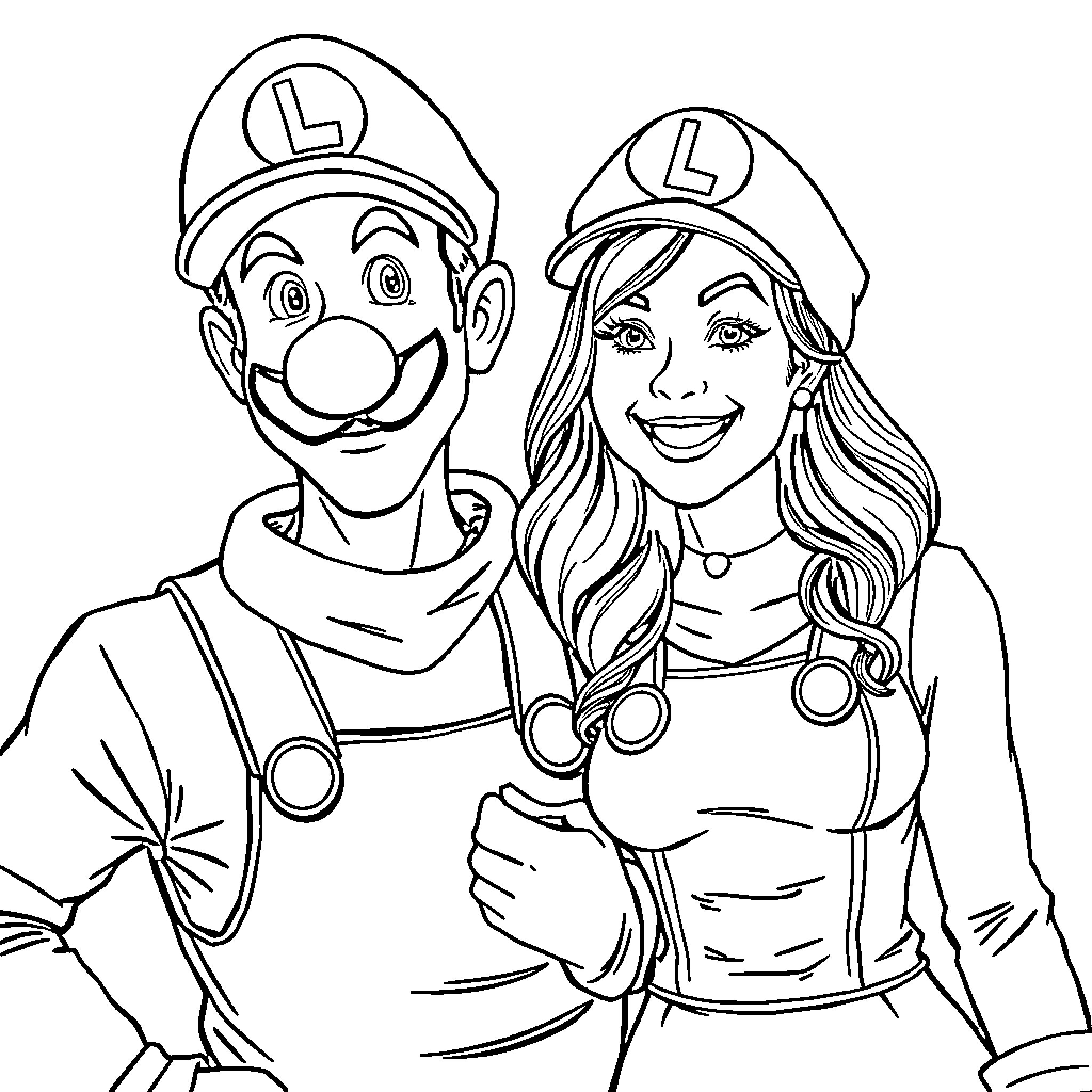 Luigi and Daisy Enjoying a Playful Moment Coloring Page (free black-and-white line drawing printable PDF for all, from beginners to advanced learners, including children, teens, adults, and seniors)