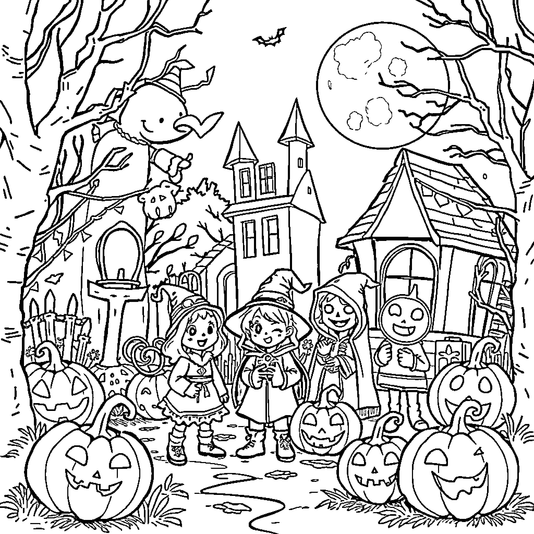 Halloween night with costumed children in the neighborhood Coloring Page (free black-and-white line drawing printable PDF for all, from beginners to advanced learners, including children, teens, adults, and seniors)