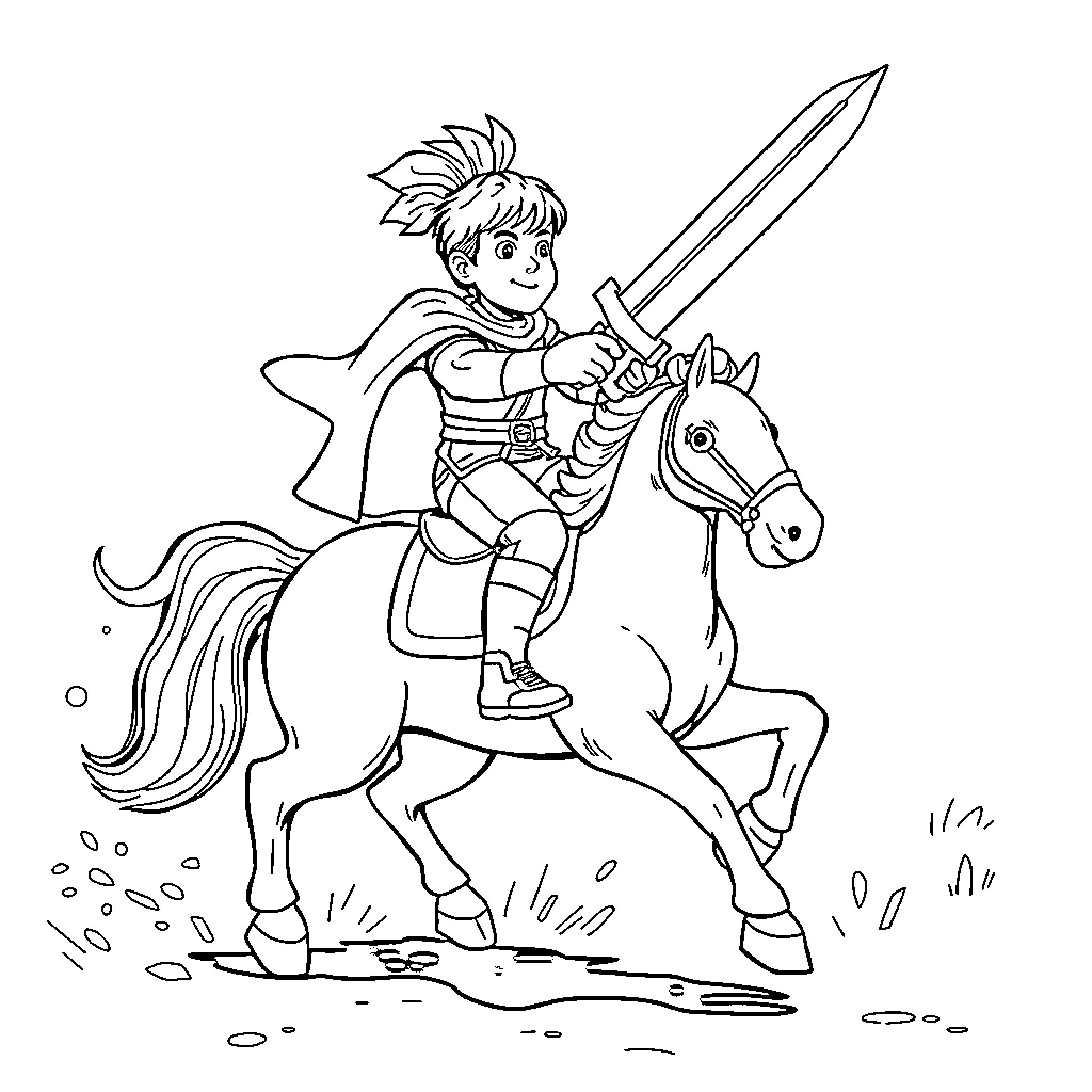 Hero Riding a Valiant Steed with Sword in Hand Coloring Page (free black-and-white line drawing printable PDF for all, from beginners to advanced learners, including children, teens, adults, and seniors)