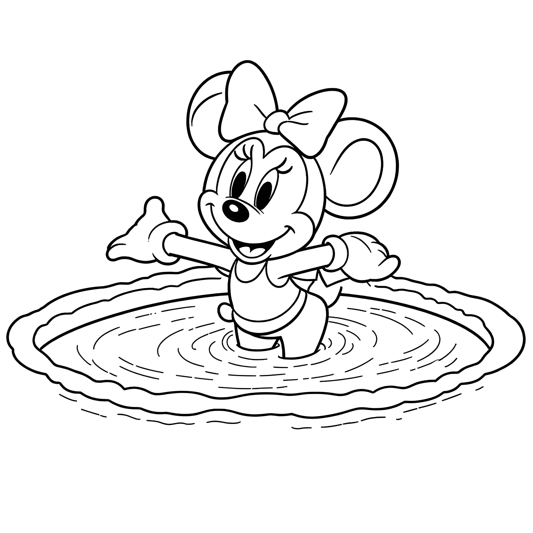Minnie Mouse playing happily in a puddle Coloring Page (free black-and-white line drawing printable PDF for all, from beginners to advanced learners, including children, teens, adults, and seniors)