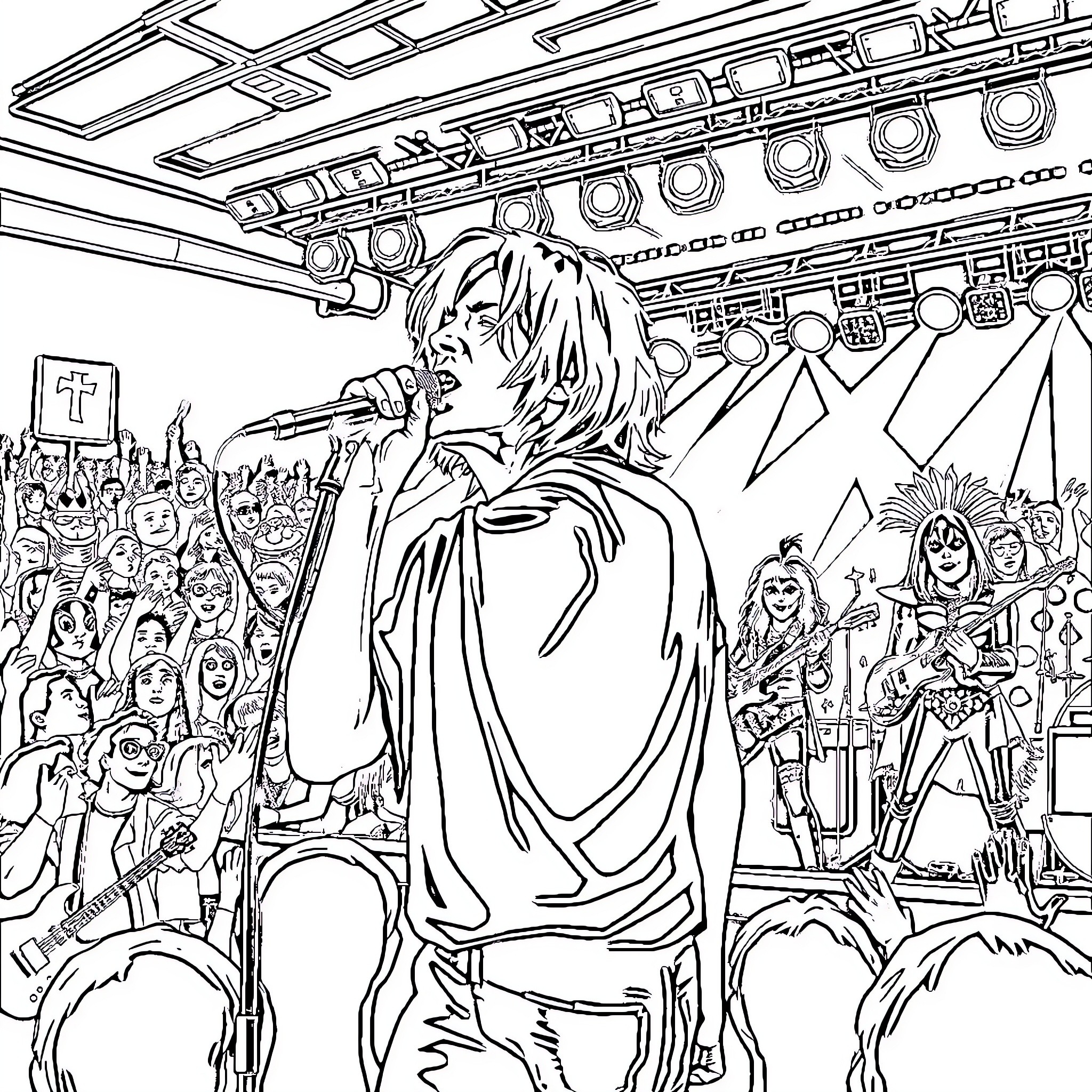 Kurt Cobain performing on stage with band Coloring Page (free black-and-white line drawing printable PDF for all, from beginners to advanced learners, including children, teens, adults, and seniors)