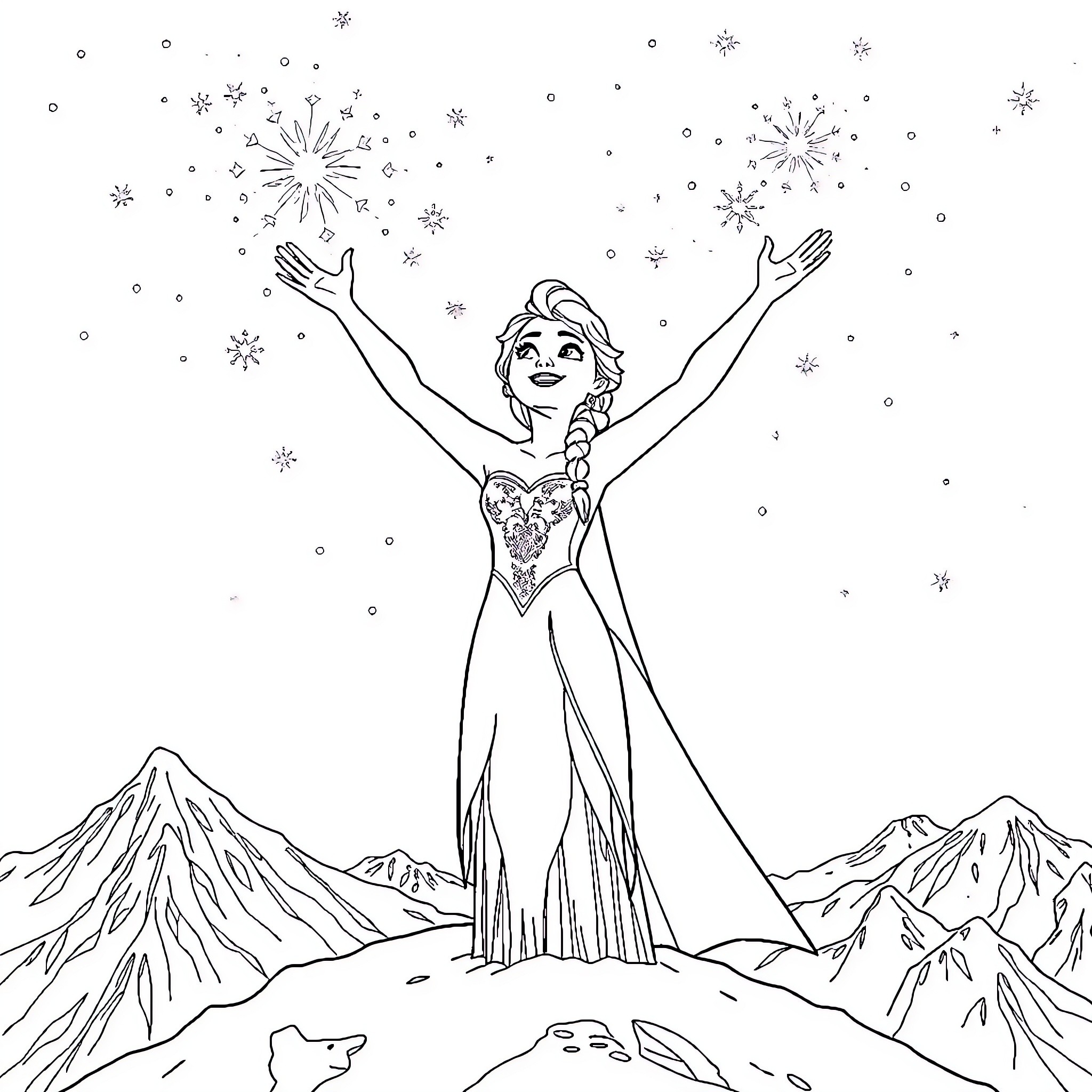 Elsa celebrating joyfully amidst snowy scenery Coloring Page (free black-and-white line drawing printable PDF for all, from beginners to advanced learners, including children, teens, adults, and seniors)