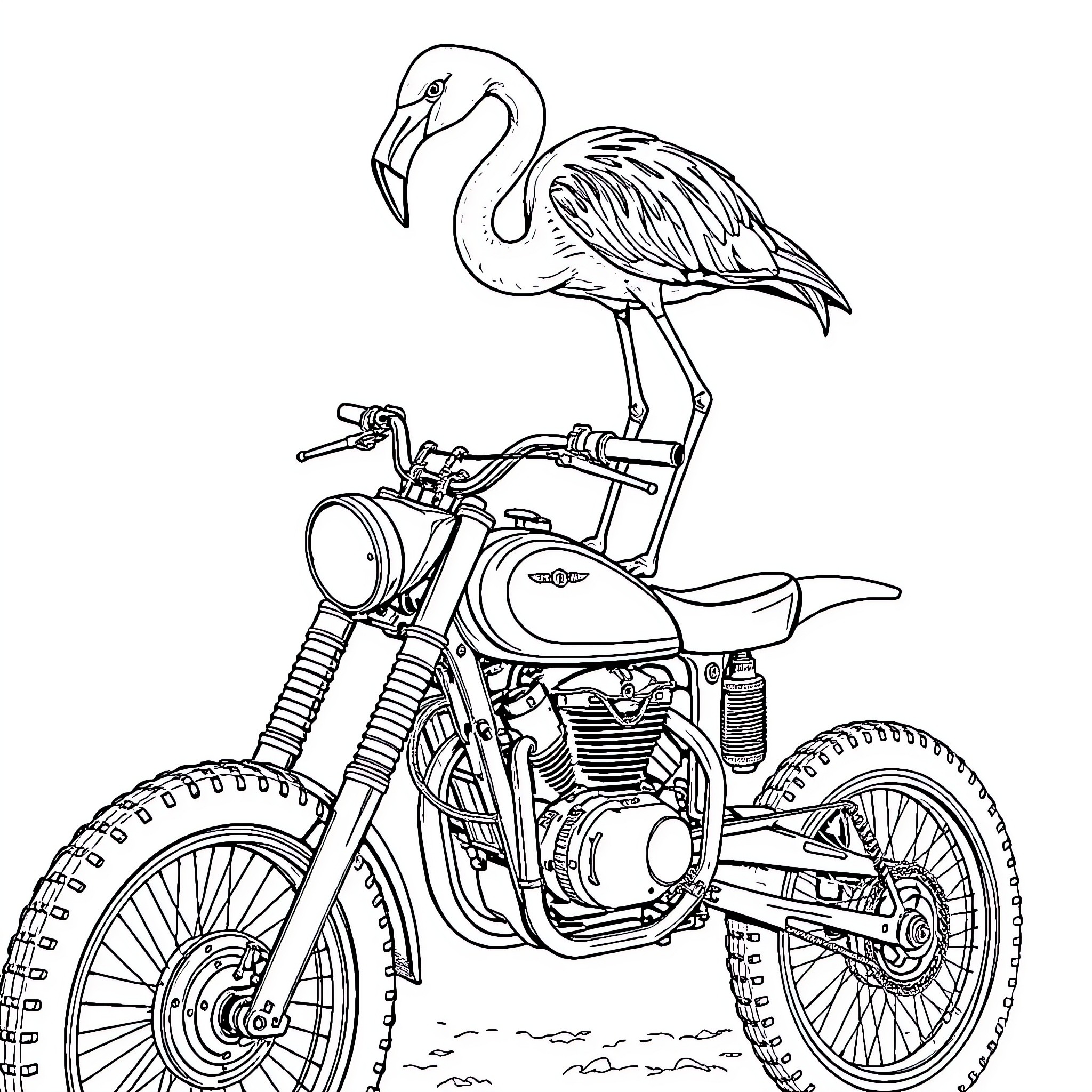 Flamingo perched atop a rugged motorcycle Coloring Page (free black-and-white line drawing printable PDF for all, from beginners to advanced learners, including children, teens, adults, and seniors)