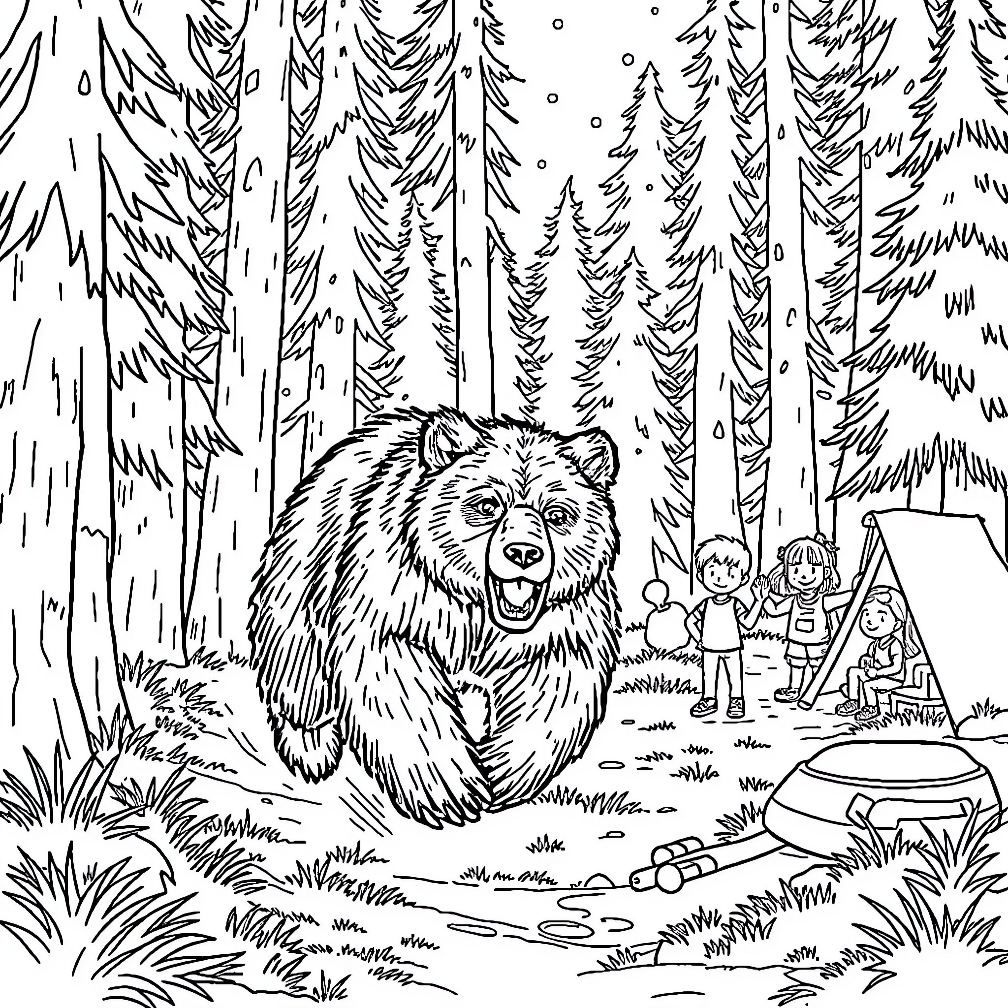 Bear encounters campers in the wilderness Coloring Page (free black-and-white line drawing printable PDF for all, from beginners to advanced learners, including children, teens, adults, and seniors)