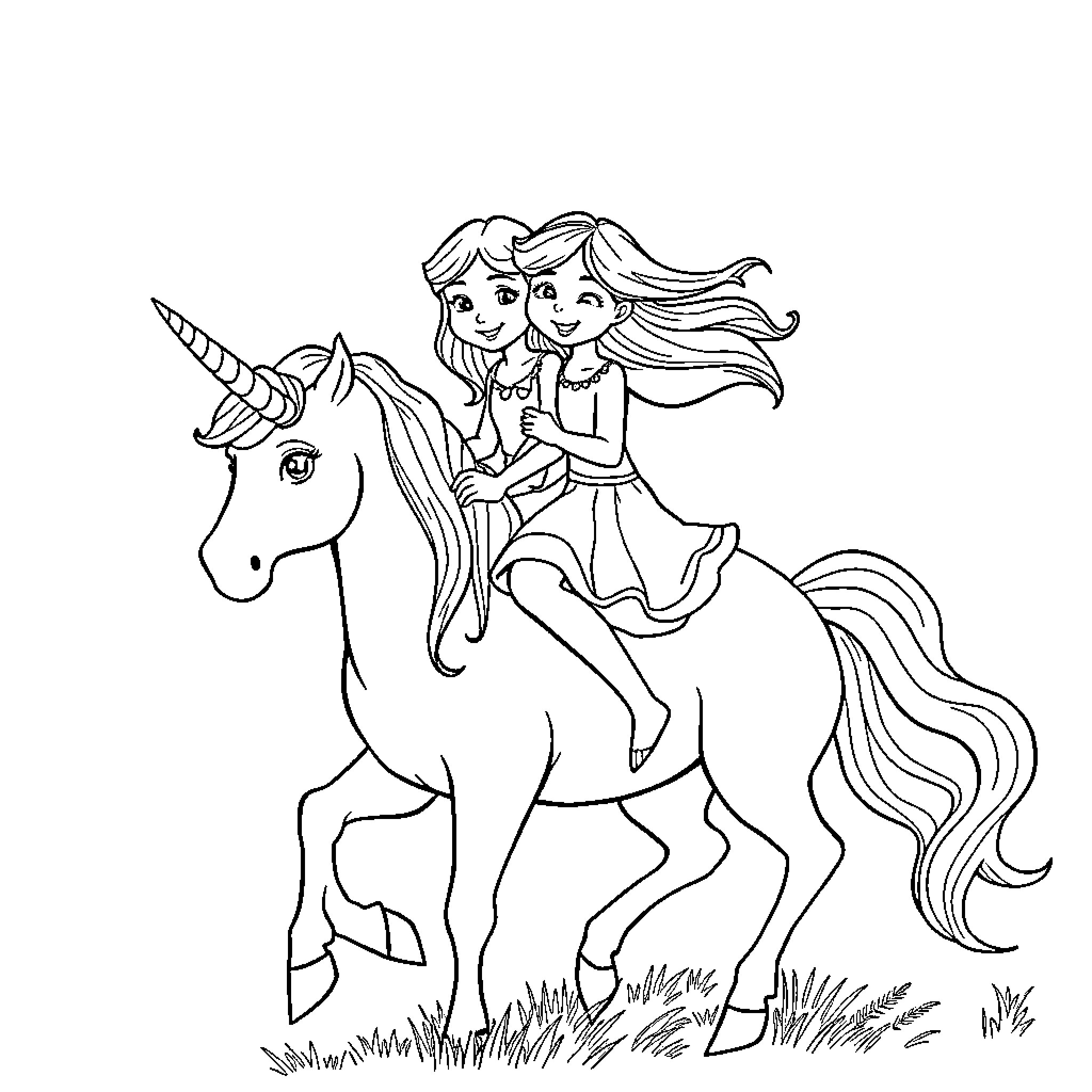 Unicorn ride with friends in a lush field Coloring Page (free black-and-white line drawing printable PDF for all, from beginners to advanced learners, including children, teens, adults, and seniors)