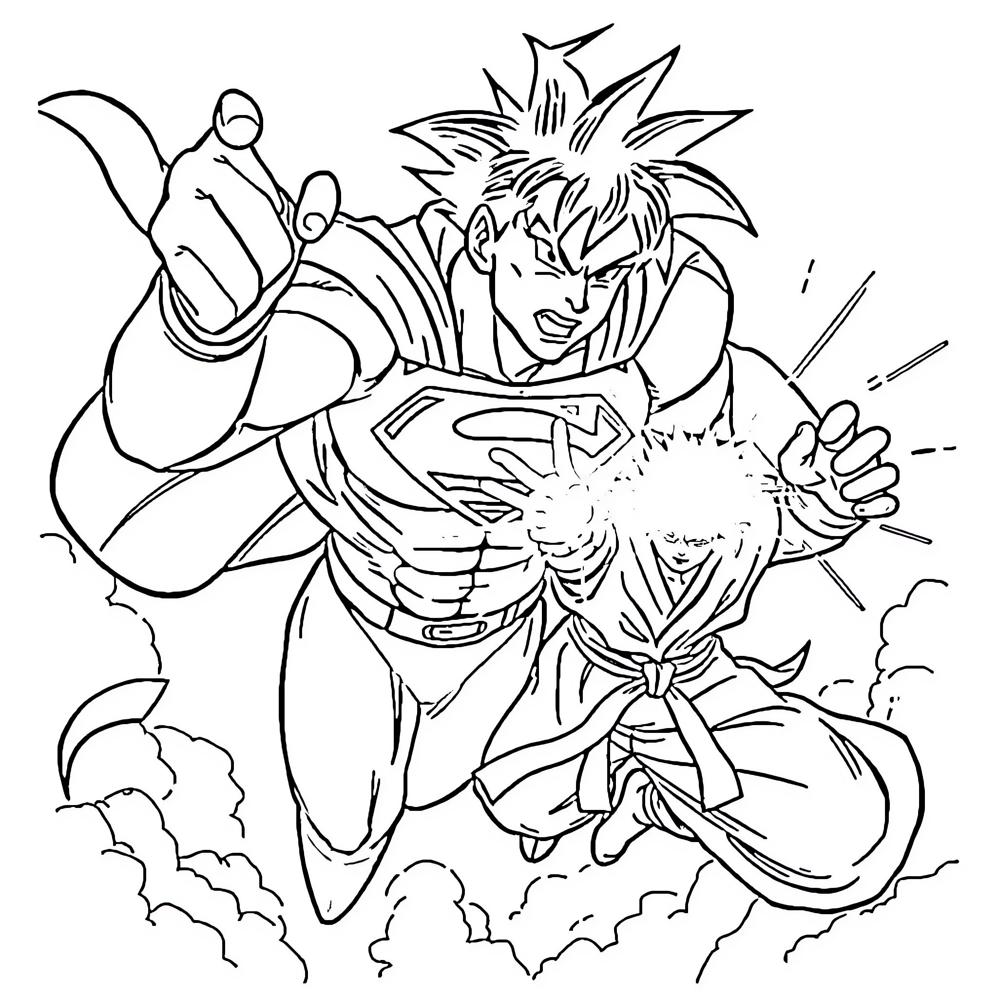 Superman-inspired character in fierce battle pose Coloring Page (free black-and-white line drawing printable PDF for all, from beginners to advanced learners, including children, teens, adults, and seniors)