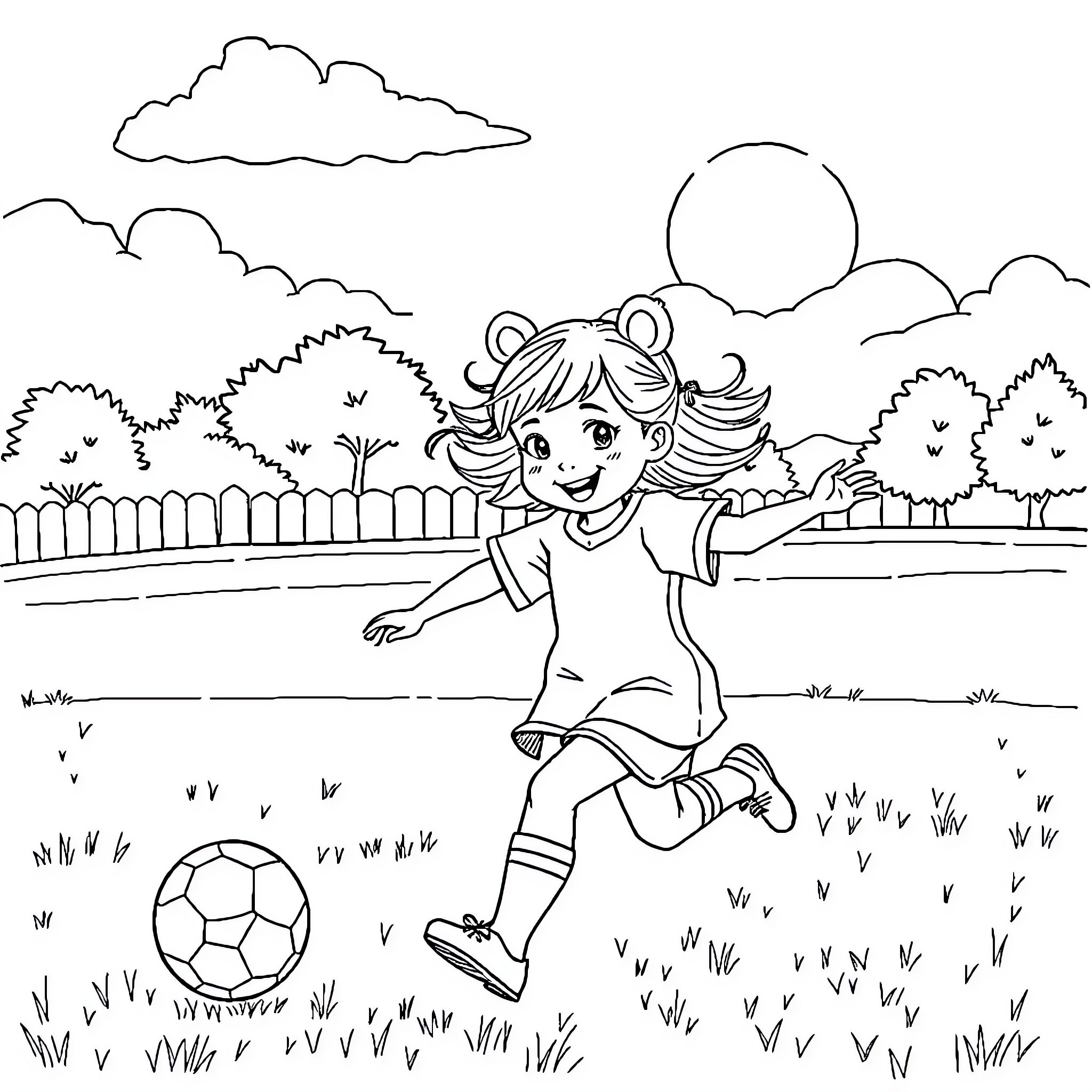 Bear playing with soccer ball in park Coloring Page (free black-and-white line drawing printable PDF for all, from beginners to advanced learners, including children, teens, adults, and seniors)