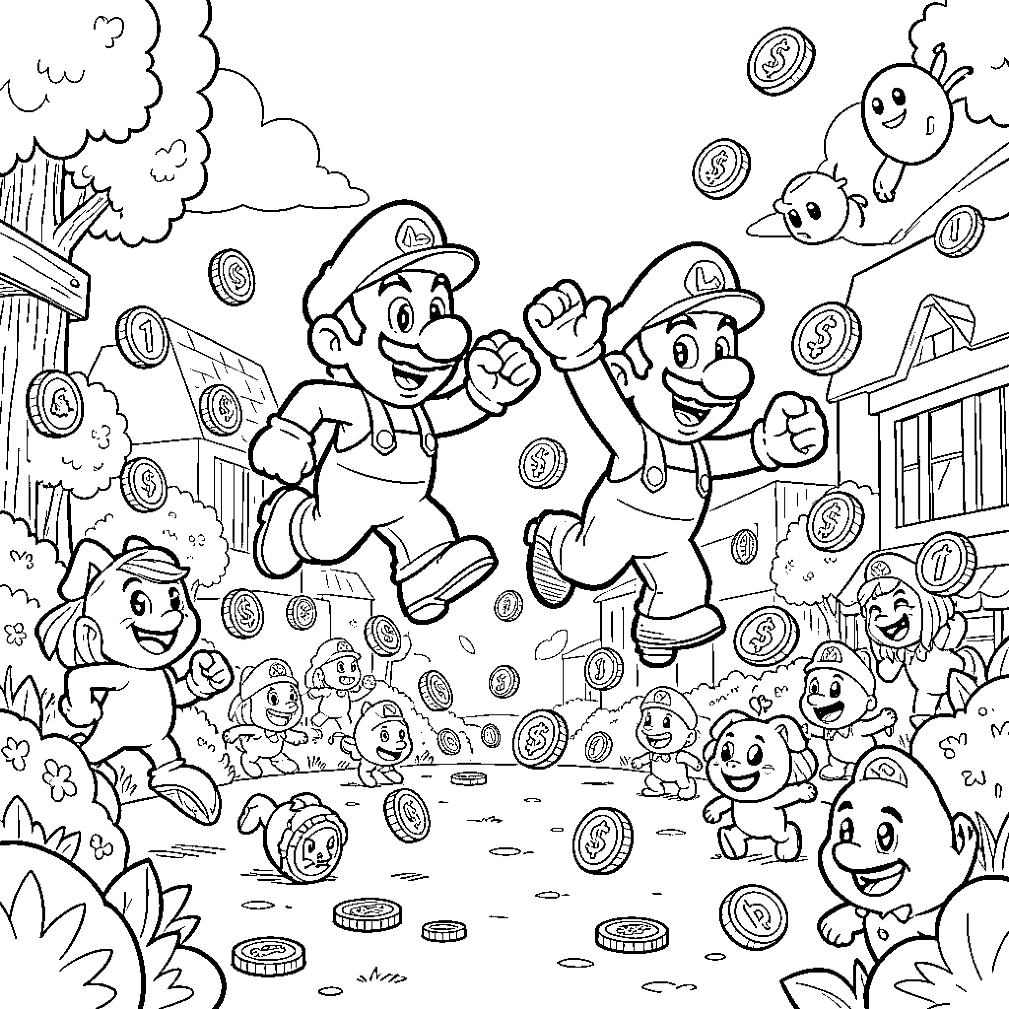 Mario jumping joyfully among coins and friendly characters Coloring Page (free black-and-white line drawing printable PDF for all, from beginners to advanced learners, including children, teens, adults, and seniors)