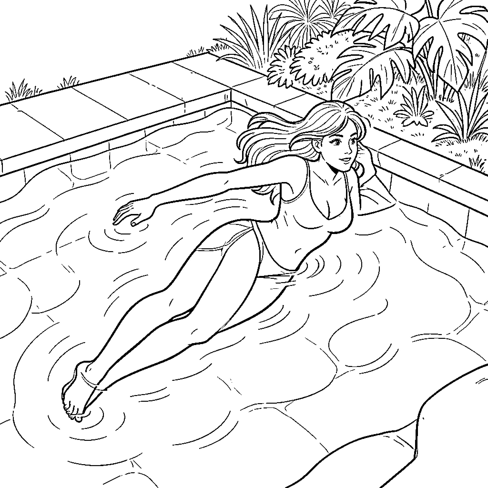 Dolphin swimming enthusiast relaxing in a backyard pool Coloring Page (free black-and-white line drawing printable PDF for all, from beginners to advanced learners, including children, teens, adults, and seniors)