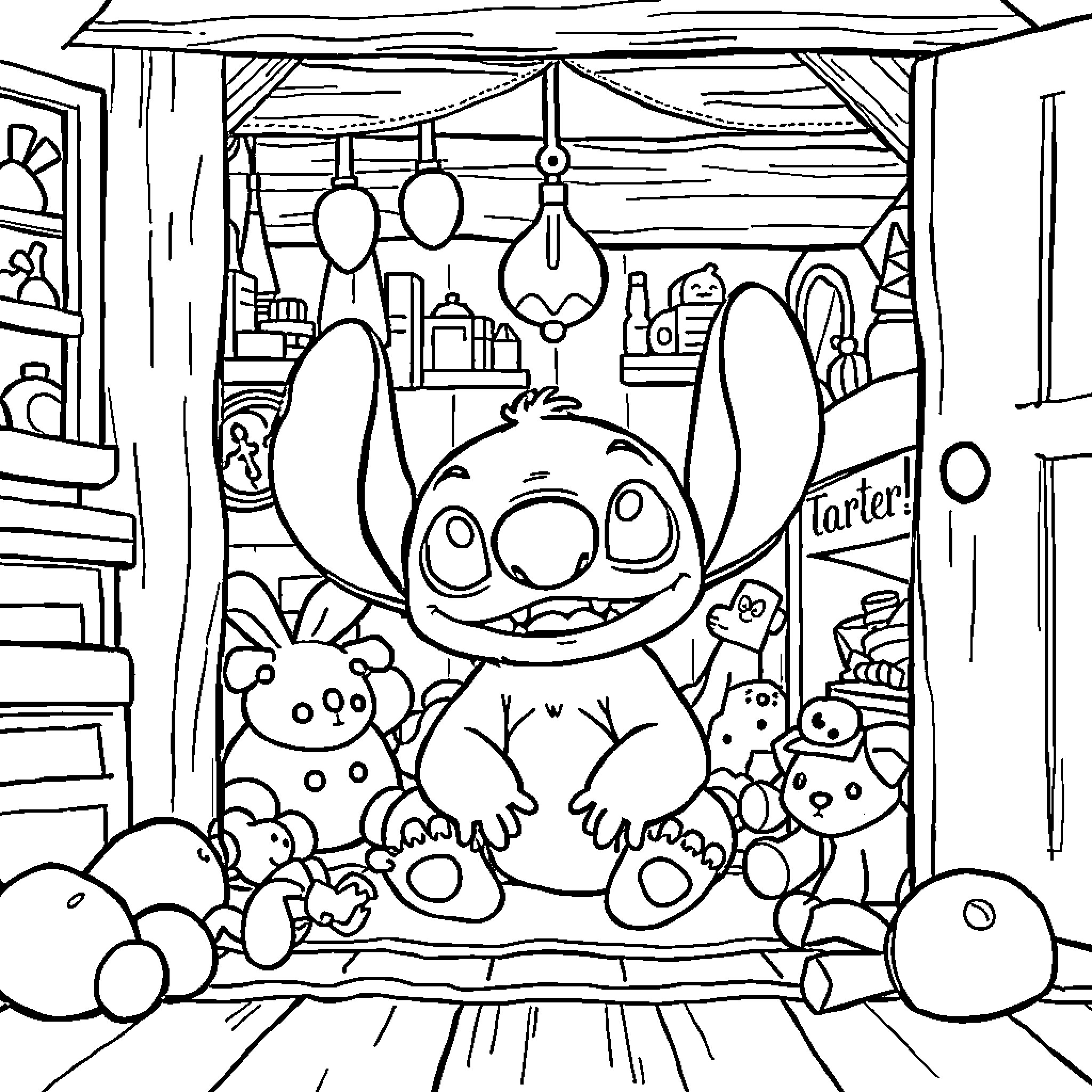 House of Whimsical Creatures and Oddities Coloring Page (free black-and-white line drawing printable PDF for all, from beginners to advanced learners, including children, teens, adults, and seniors)