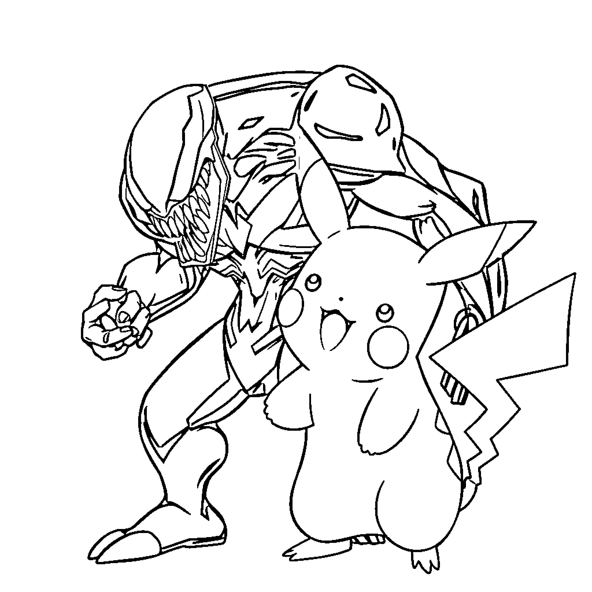 Venom and Pikachu standing side by side posing Coloring Page (free black-and-white line drawing printable PDF for all, from beginners to advanced learners, including children, teens, adults, and seniors)