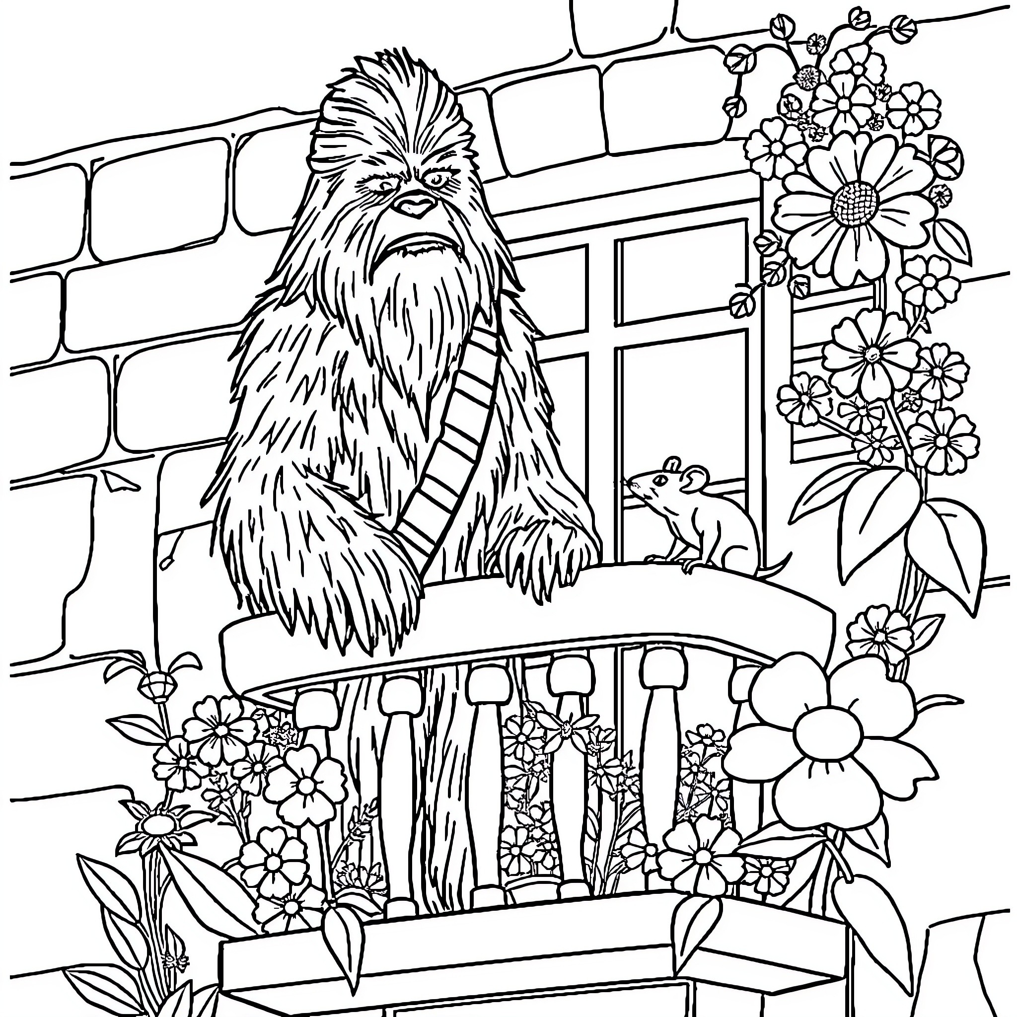 Chewbacca sitting on a garden balcony surrounded by flowers Coloring Page (free black-and-white line drawing printable PDF for all, from beginners to advanced learners, including children, teens, adults, and seniors)