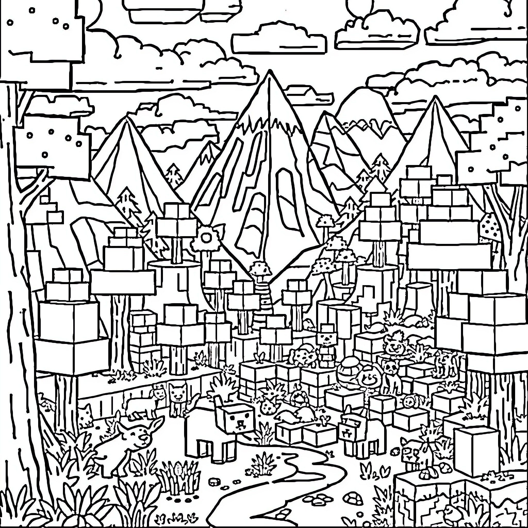 Minecraft Mountain and Village Landscape Coloring Page (free black-and-white line drawing printable PDF for all, from beginners to advanced learners, including children, teens, adults, and seniors)