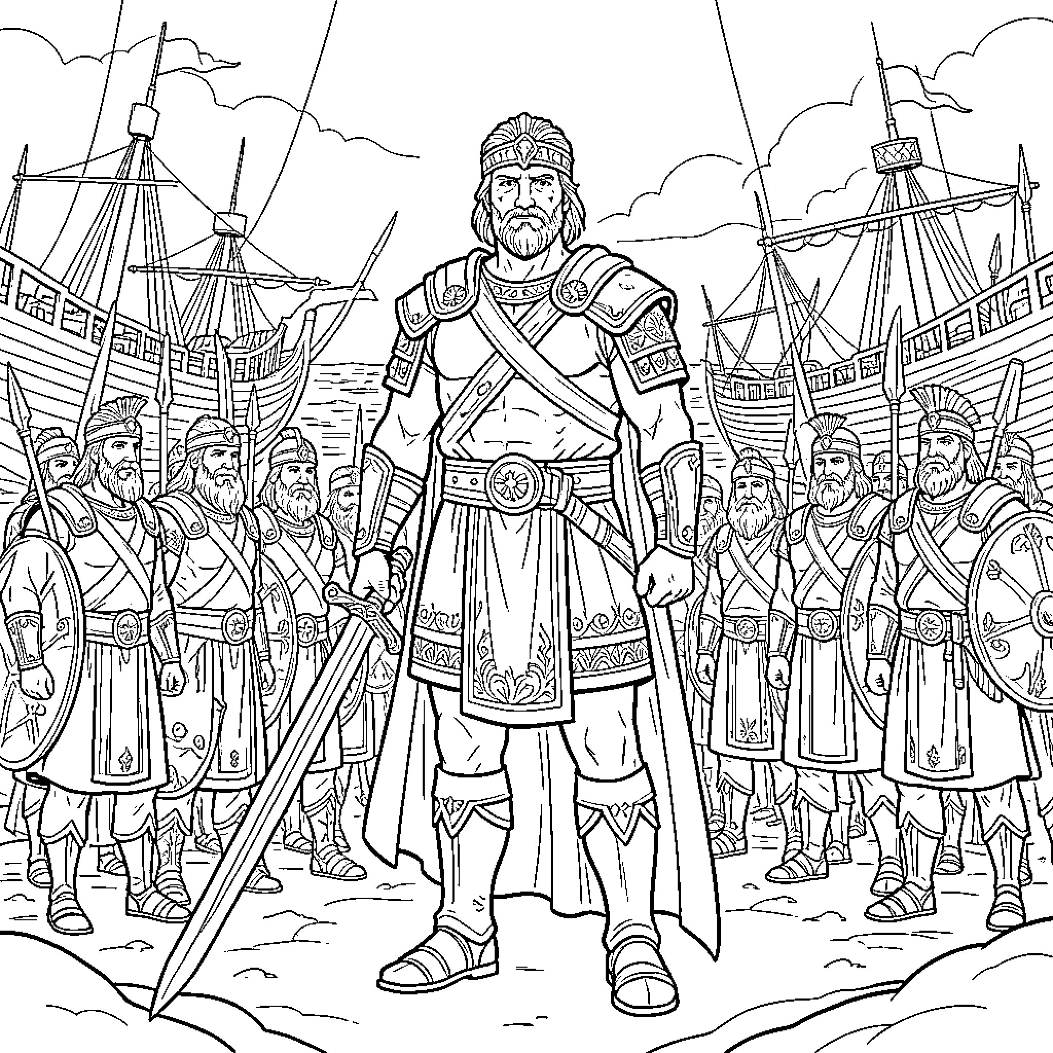 Agamemnon leading a brave army of ancient soldiers Coloring Page (free black-and-white line drawing printable PDF for all, from beginners to advanced learners, including children, teens, adults, and seniors)