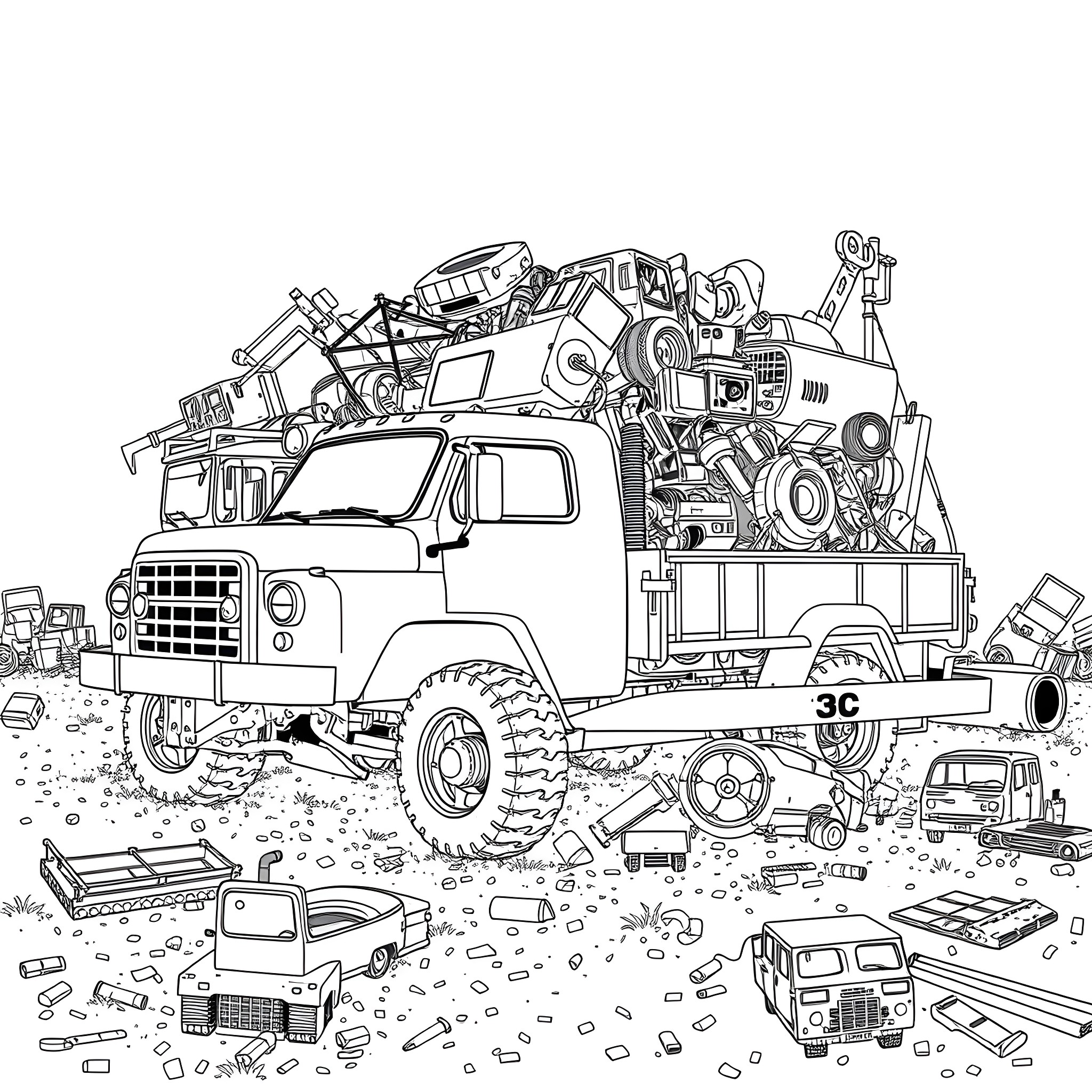 Truck Loaded with Assorted Equipment and Tools Coloring Page (free black-and-white line drawing printable PDF for all, from beginners to advanced learners, including children, teens, adults, and seniors)
