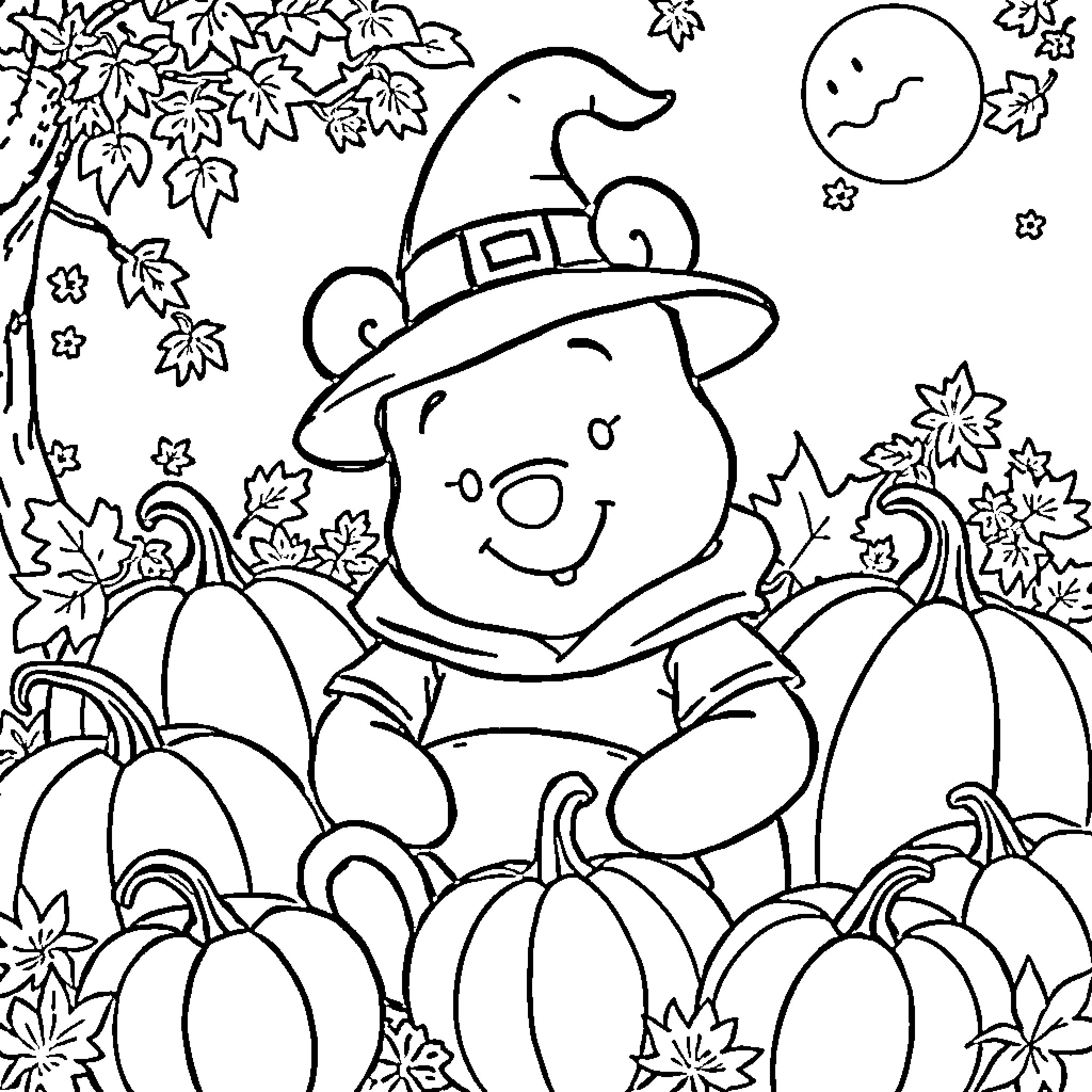 Winnie The Pooh in Autumn Wonderland Coloring Page (free black-and-white line drawing printable PDF for all, from beginners to advanced learners, including children, teens, adults, and seniors)